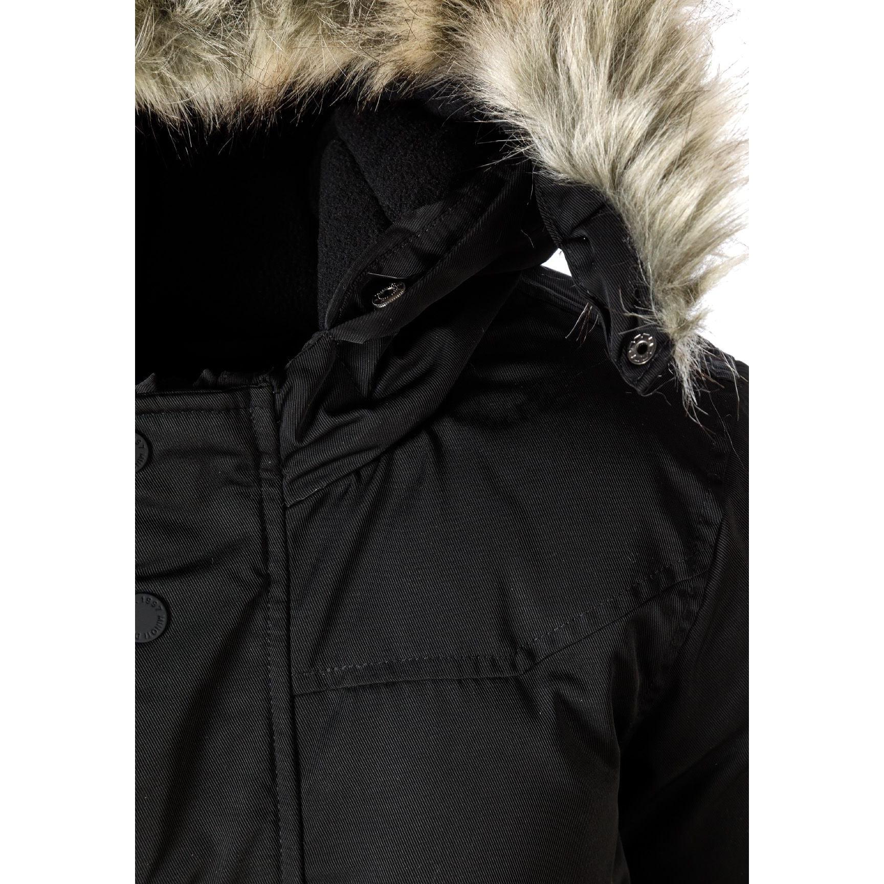 Close-up detail of black parka hood with grey faux fur trim showing attachment buttons and fabric texture