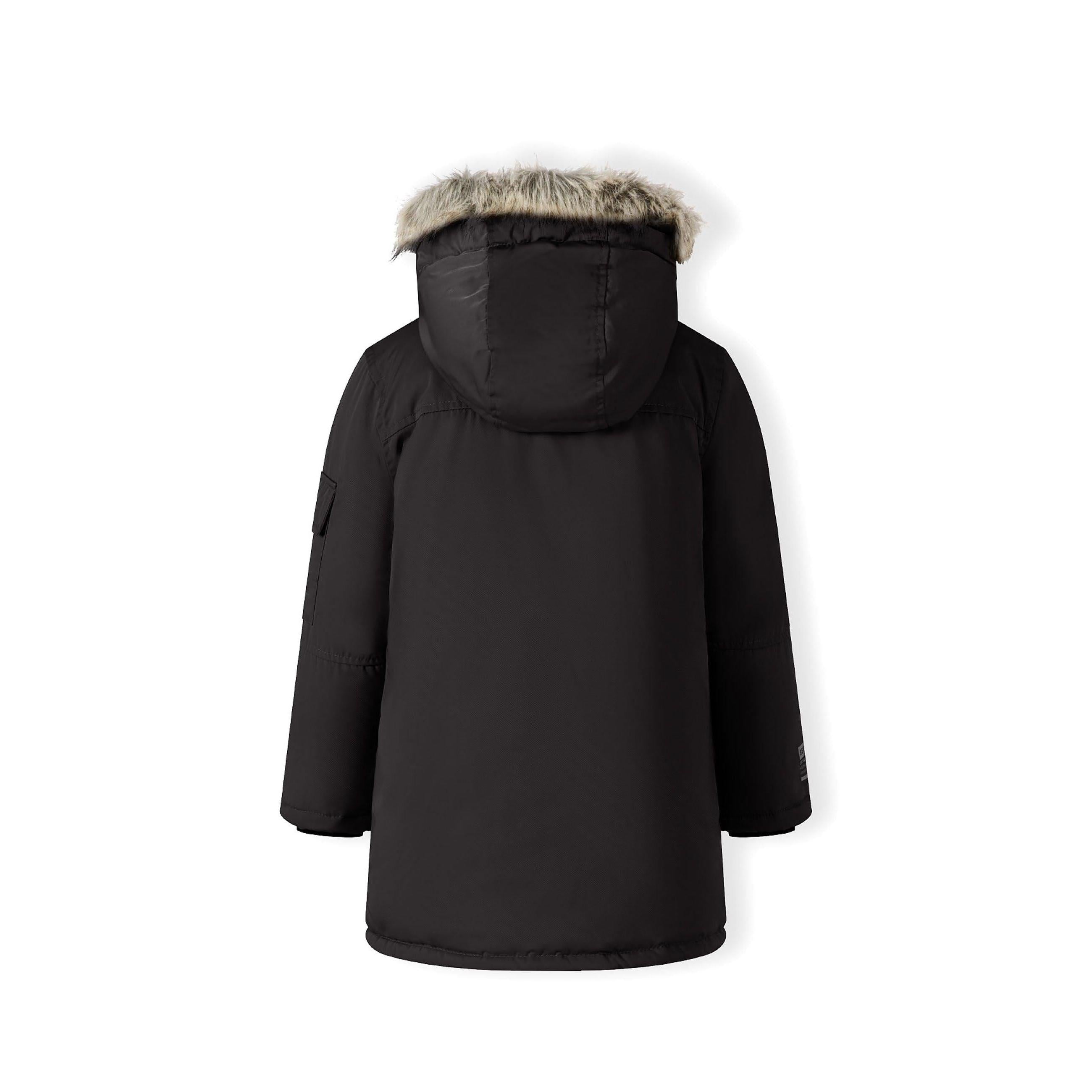 Close-up detail of black parka hood with grey faux fur trim showing attachment buttons and fabric texture