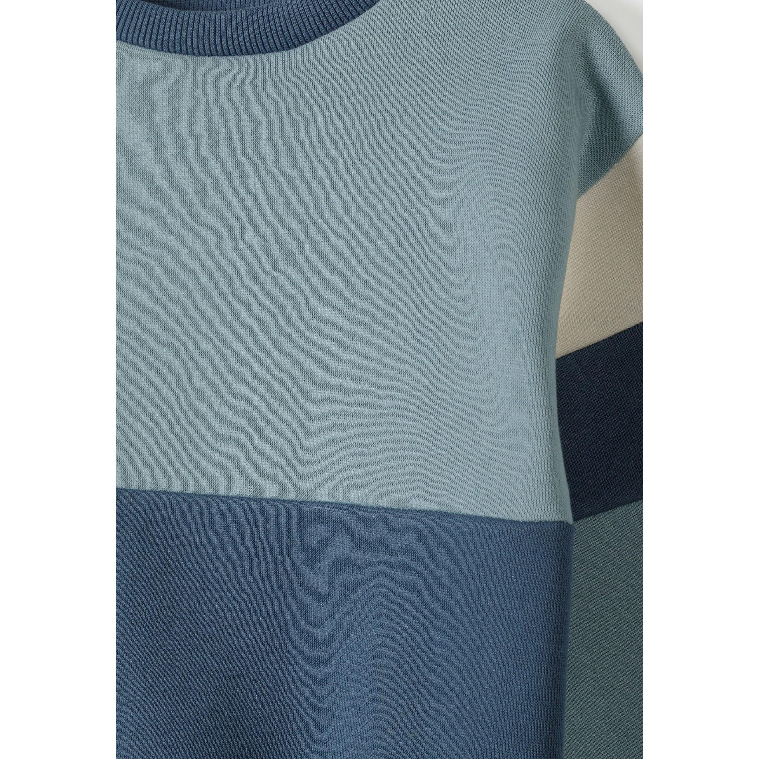 Close-up detail of blue joggers showing drawstring waistband and soft fabric texture