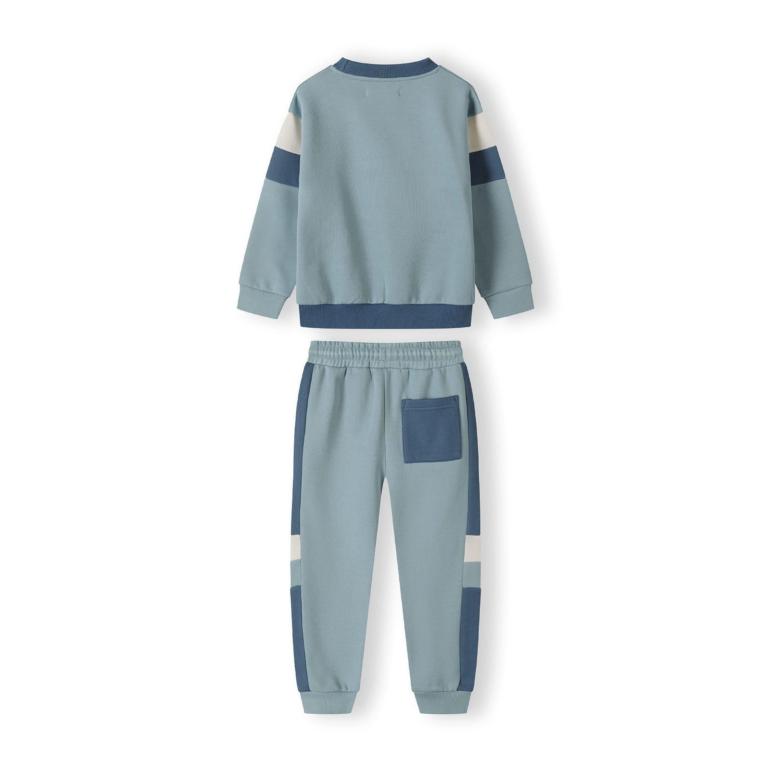 Close-up detail of blue joggers showing drawstring waistband and soft fabric texture