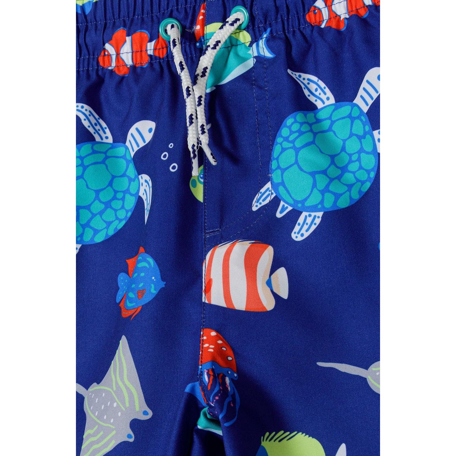 Close-up detail of adjustable drawcord waistband showing sea creatures print including blue turtles, striped fish and red jellyfish