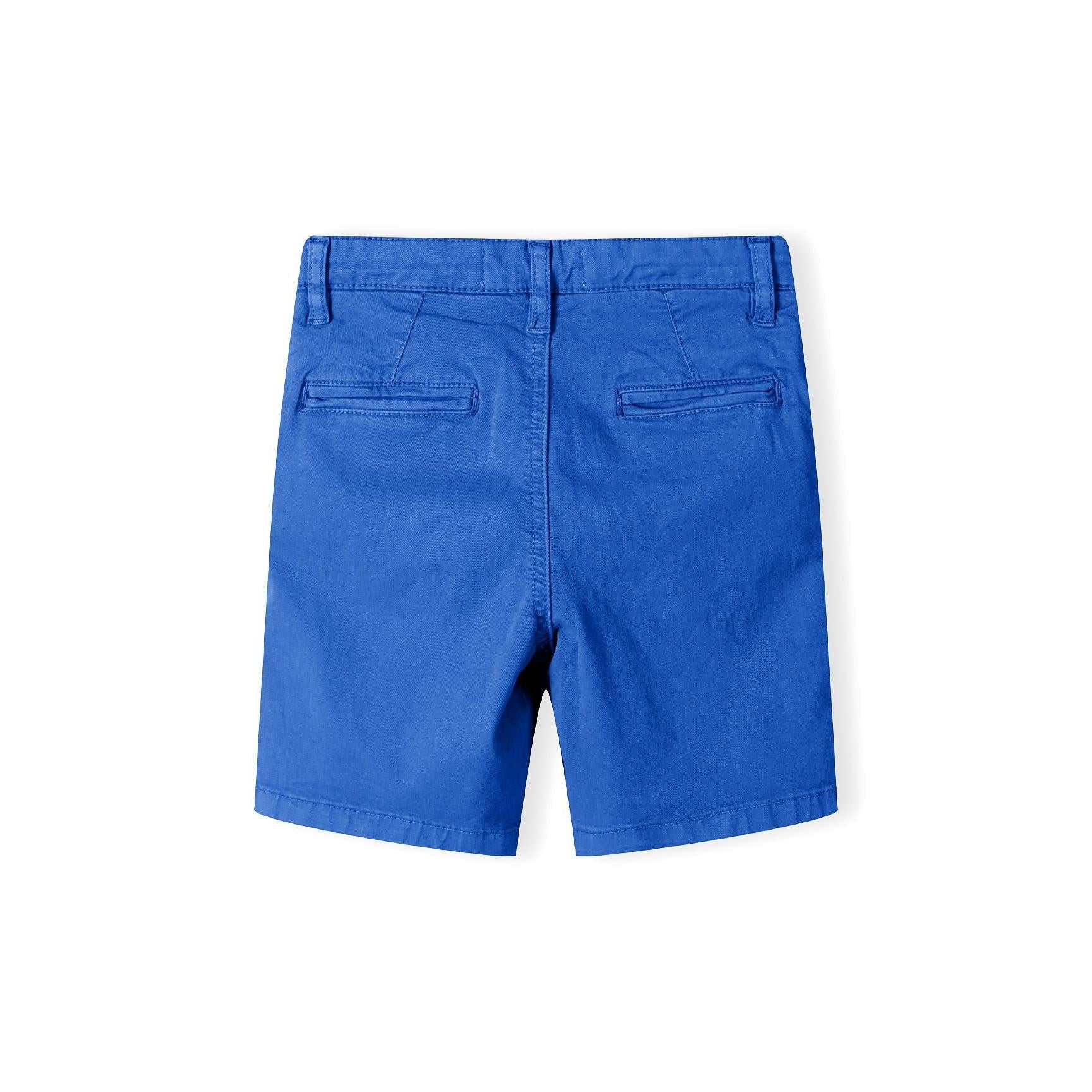 Back view of cobalt blue chino shorts showing rear pockets, belt loops and overall fit on white background