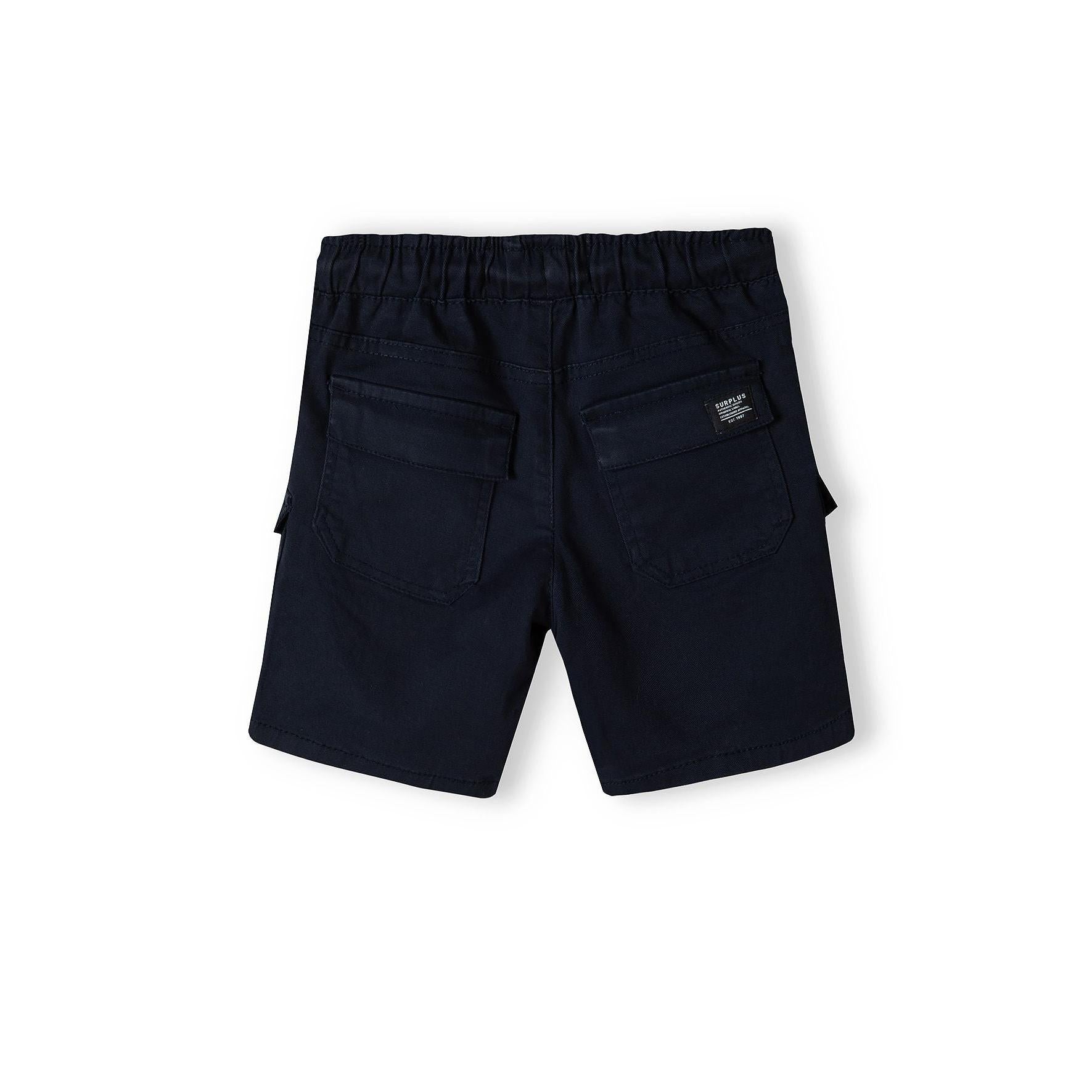 Back view of navy combat shorts showing rear pockets and elasticated waistband on white background