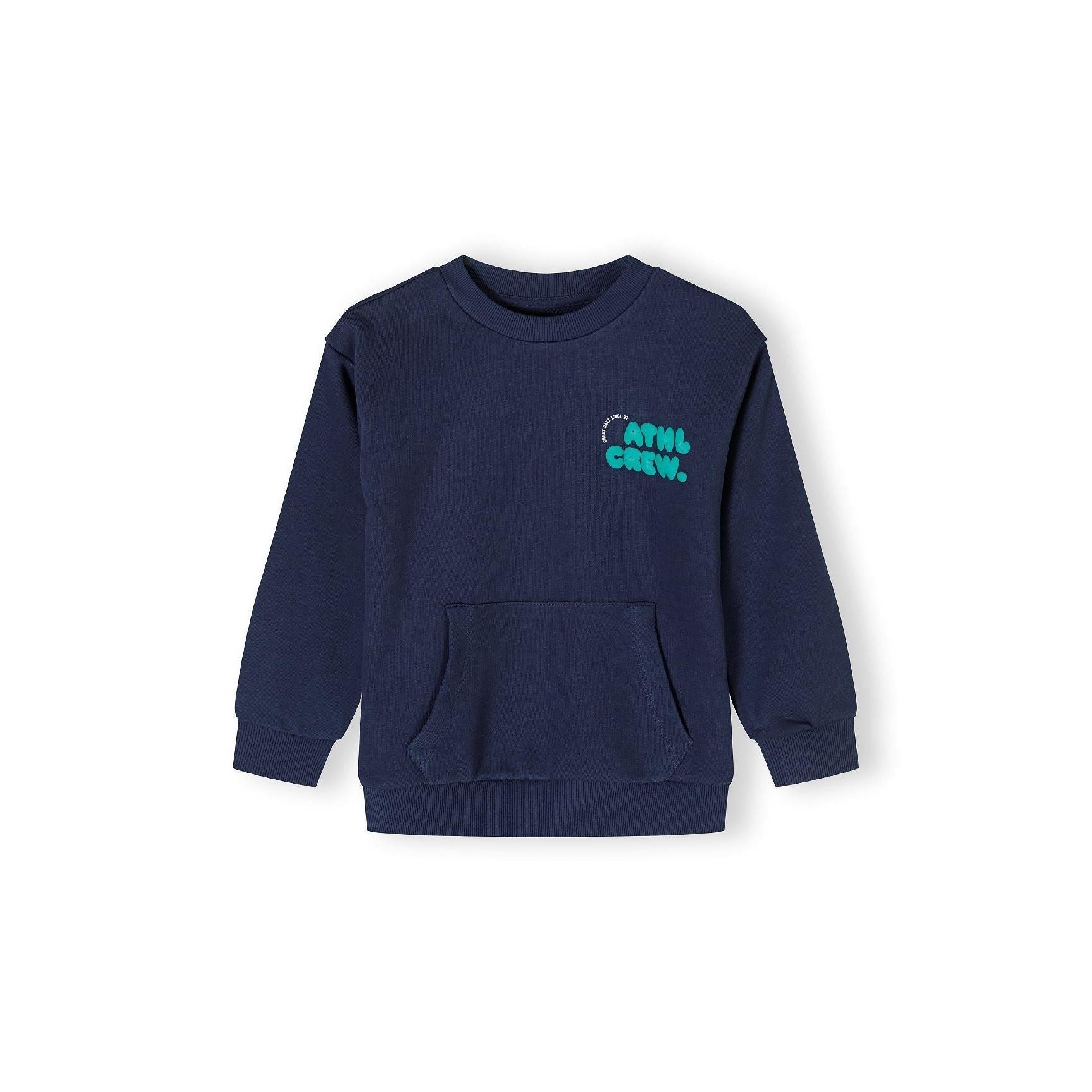 Back view of navy crew neck sweatshirt showing plain design with ribbed cuffs and hem on white background