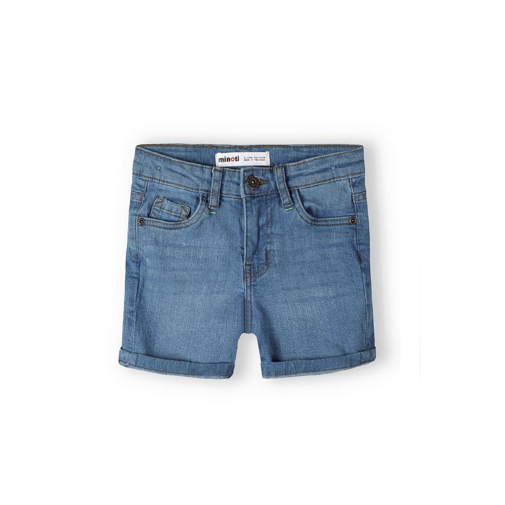 Front view of navy denim shorts with Minoti label, showing classic five-pocket design with rolled cuffs on white background