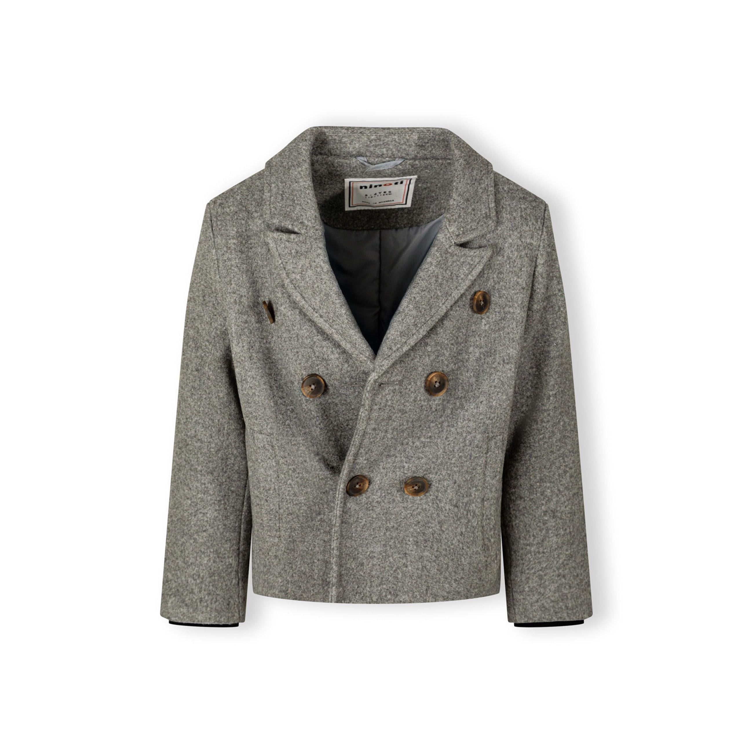 Back view of grey wool-blend coat showing structured tailoring and center back seam on white background