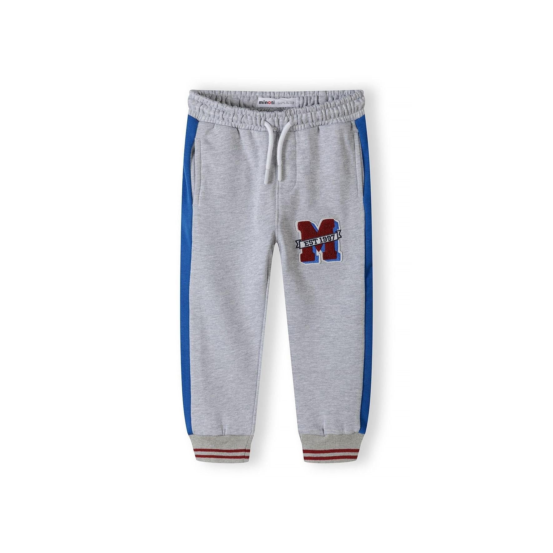 Grey fleece joggers with blue side panels and red M applique, shown flat against white background