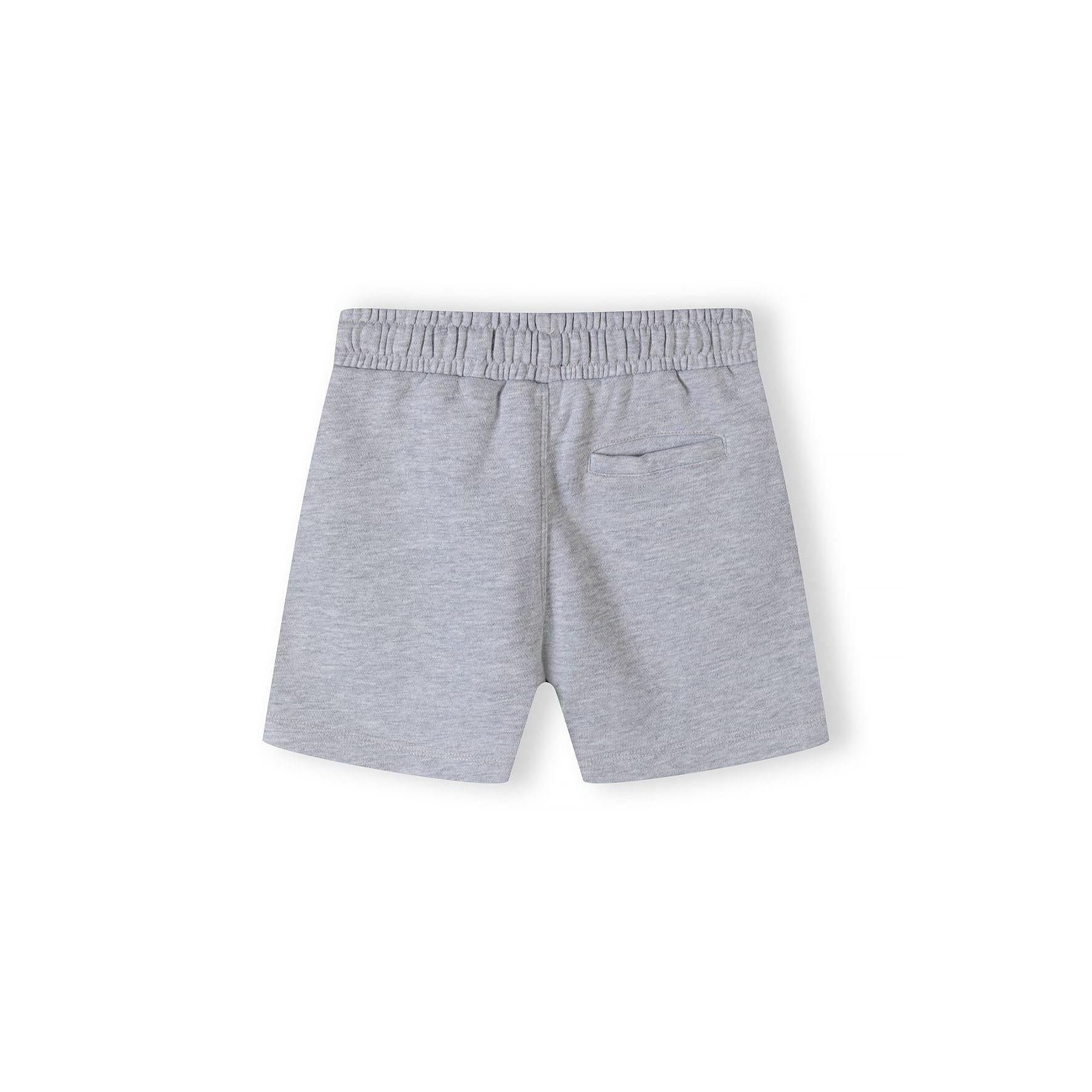 Back view of grey fleece shorts showing elasticated waistband and back pocket detail on white background