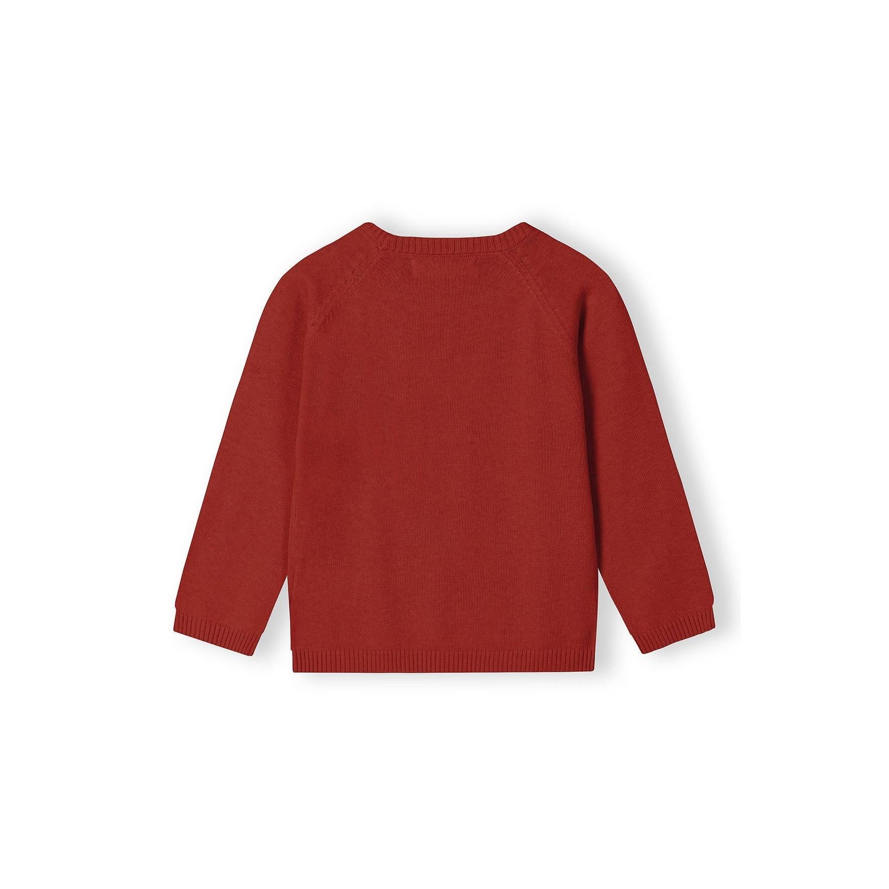Back view of red knitted jumper showing plain design and ribbed construction on white background