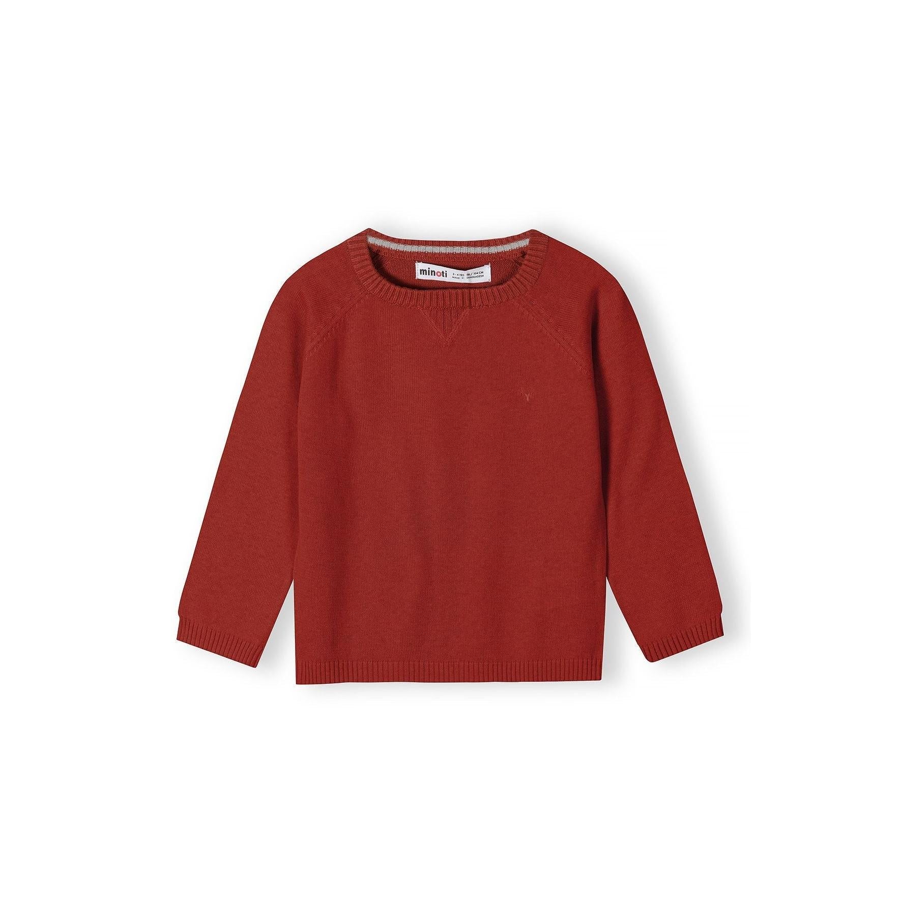 Back view of red knitted jumper showing plain design and ribbed construction on white background