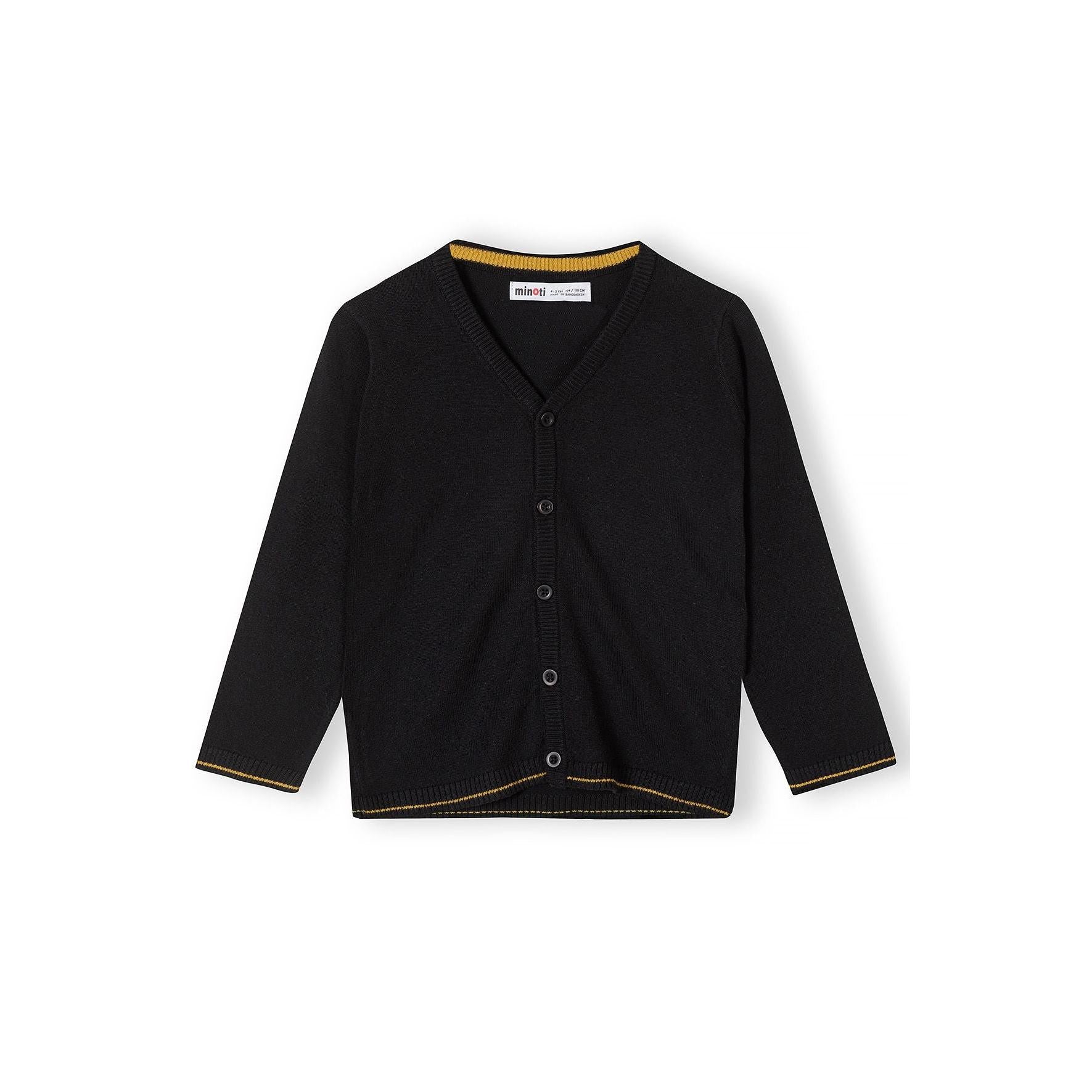 Black knitted cardigan with V-neck and button closure, displayed flat against white background, showing front view with long sleeves and ribbed details