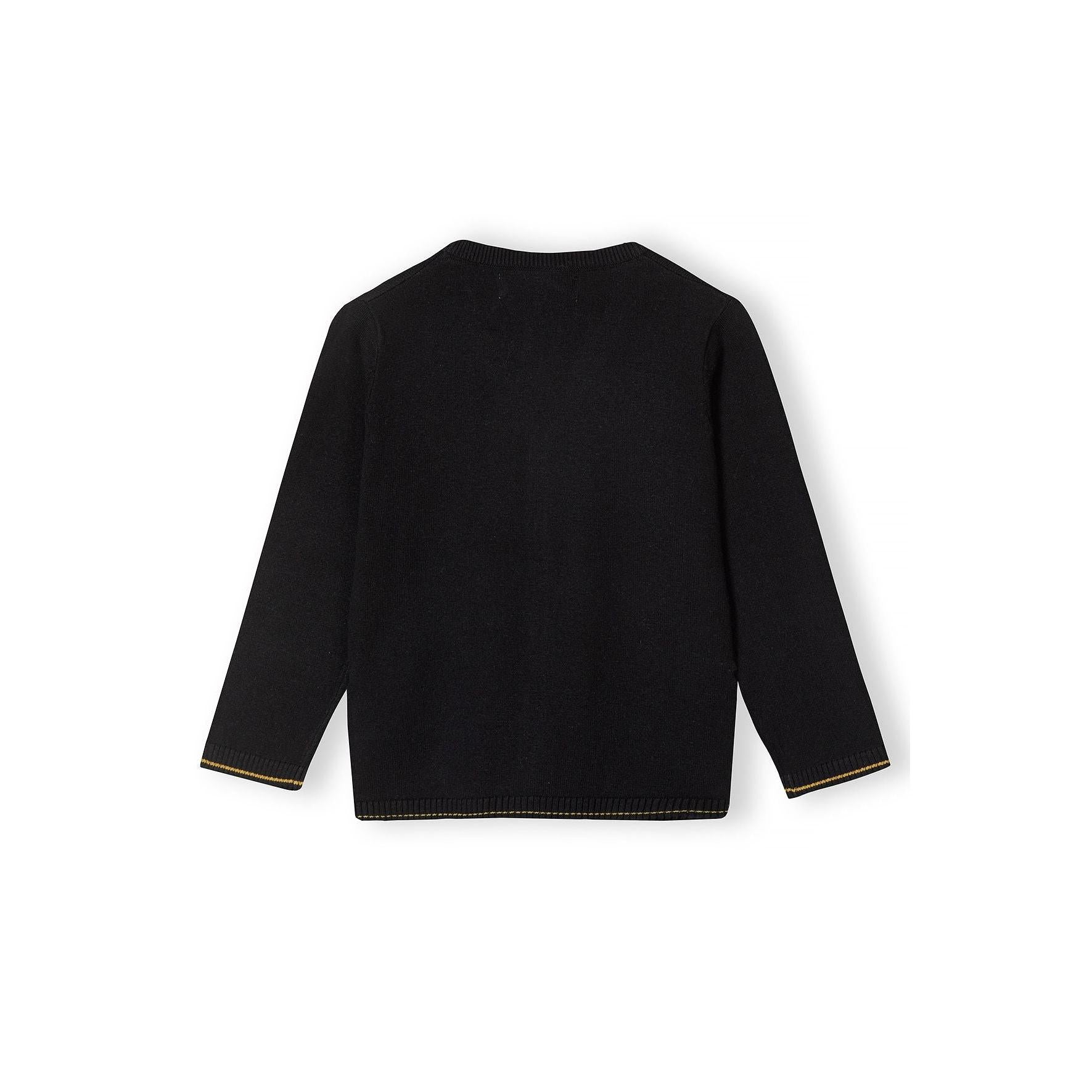 Back view of black knitted cardigan showing plain design with long sleeves and ribbed hem detail against white background