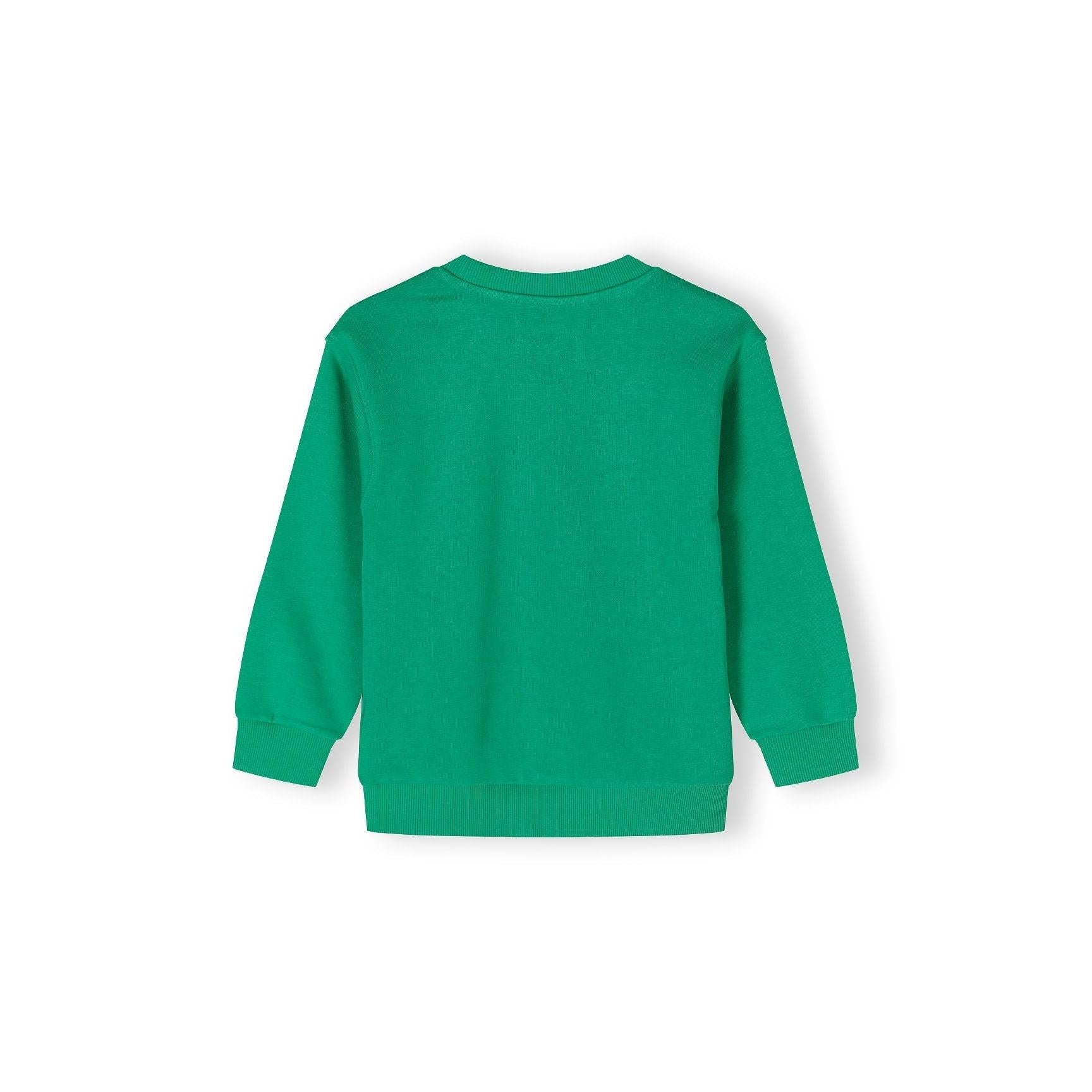 Back view of bright green oversized sweatshirt laid flat showing plain design with ribbed crew neck and cuffs