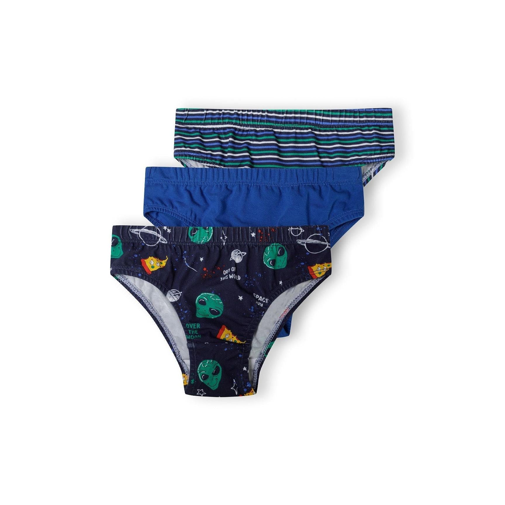 Three boys briefs arranged vertically showing space-themed designs - striped blue and green pattern at top, solid blue in middle, and navy space print with planets and aliens at bottom on white background