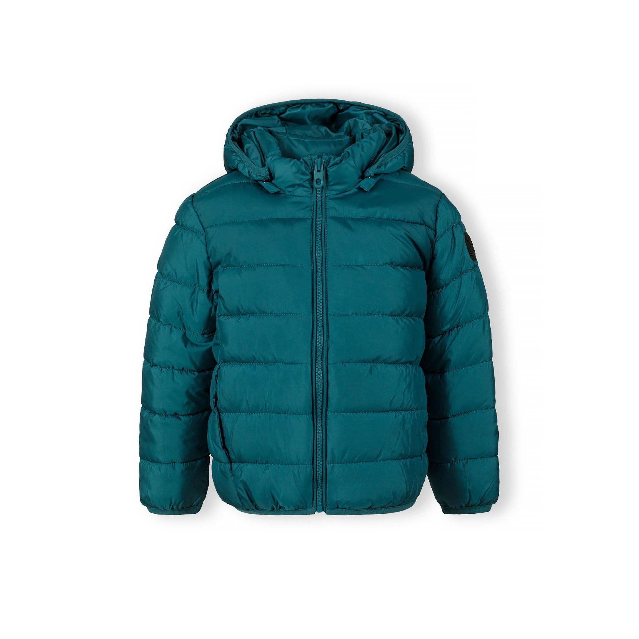 Front view of turquoise quilted padded jacket with detachable hood and full zip closure on white background