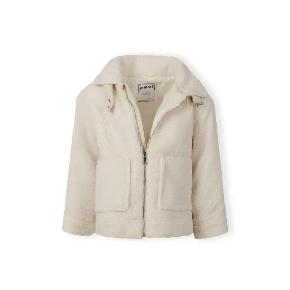 Front view of cream teddy borg jacket with full zip closure, front pockets and Minoti label visible, laid flat on white background