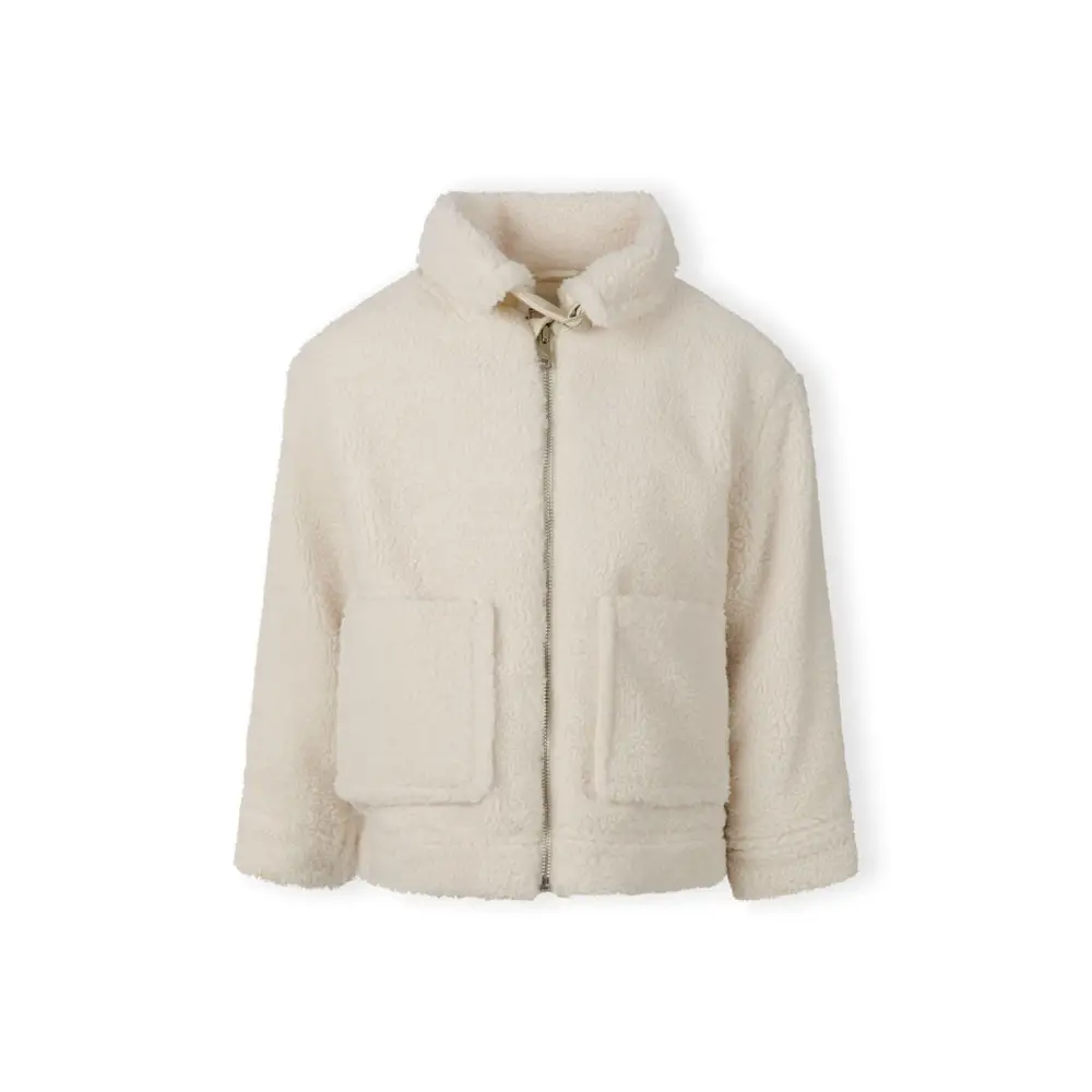 Front view of cream teddy borg jacket with full zip closure, front pockets and Minoti label visible, laid flat on white background