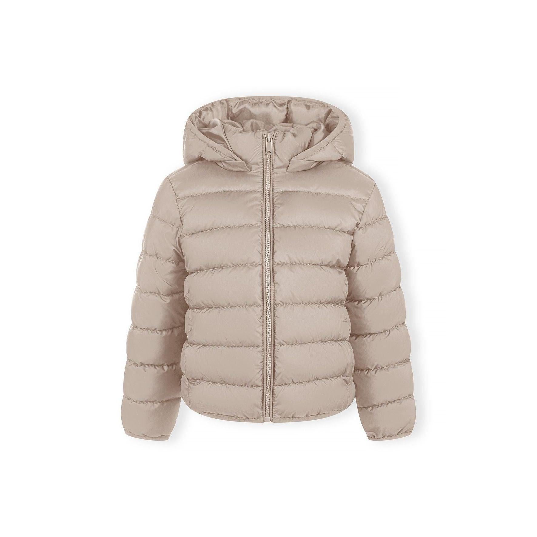 Detailed view of beige quilted jacket construction showing padded panels, zip mechanism and hood design elements, soft neutral lighting