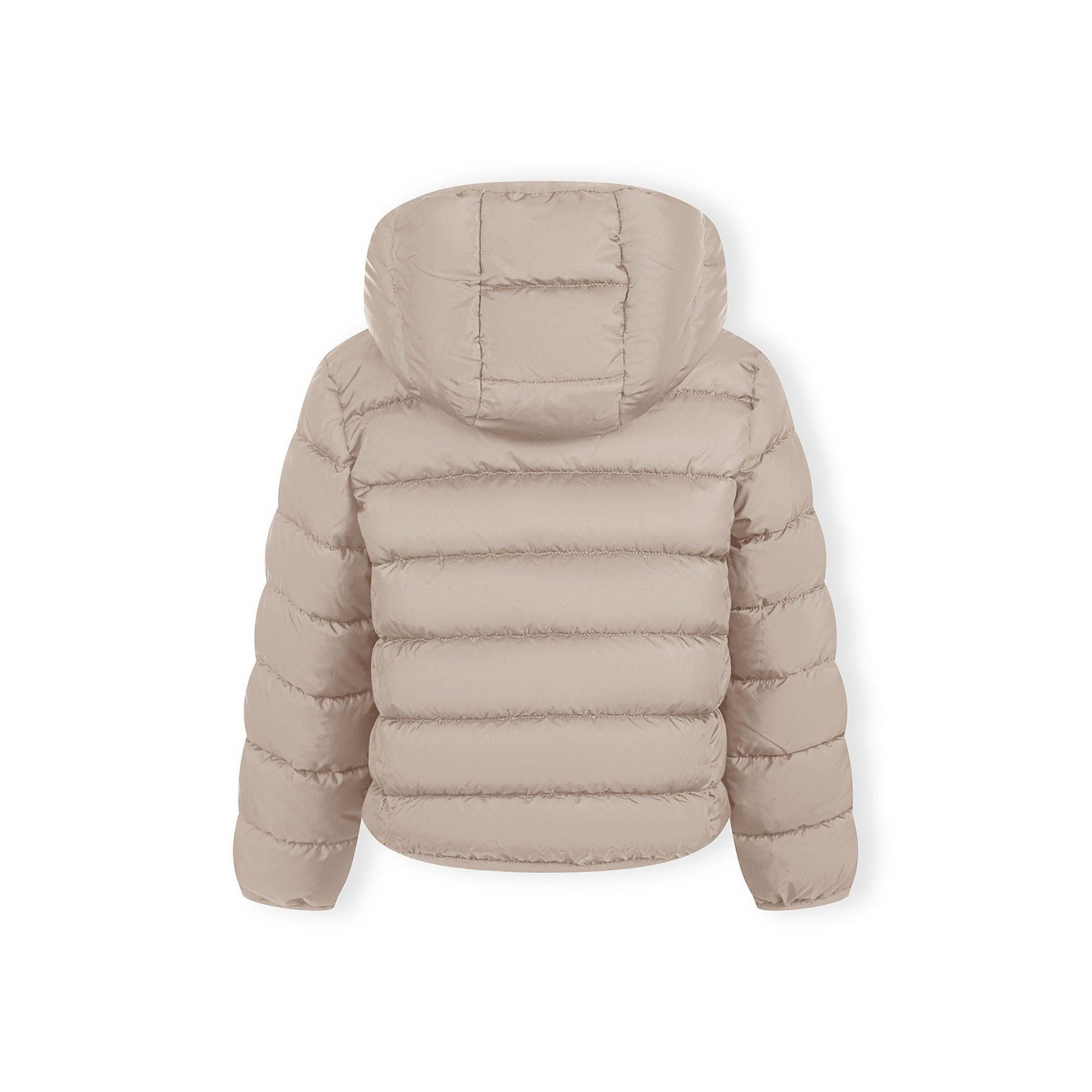 Detailed view of beige quilted jacket construction showing padded panels, zip mechanism and hood design elements, soft neutral lighting