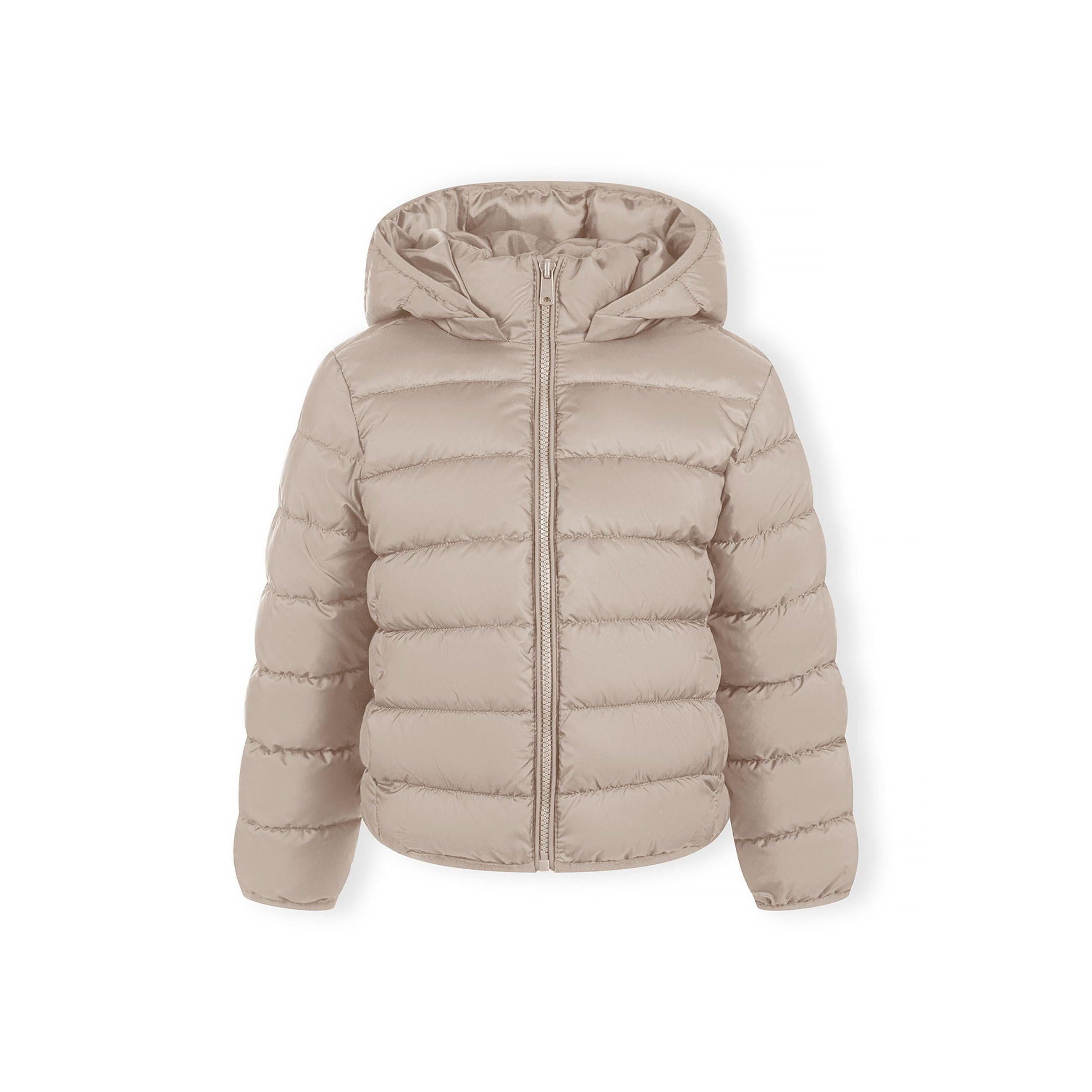 Close-up detail of beige quilted jacket showing horizontal quilted panels, full zip closure and hood attachment, neutral background