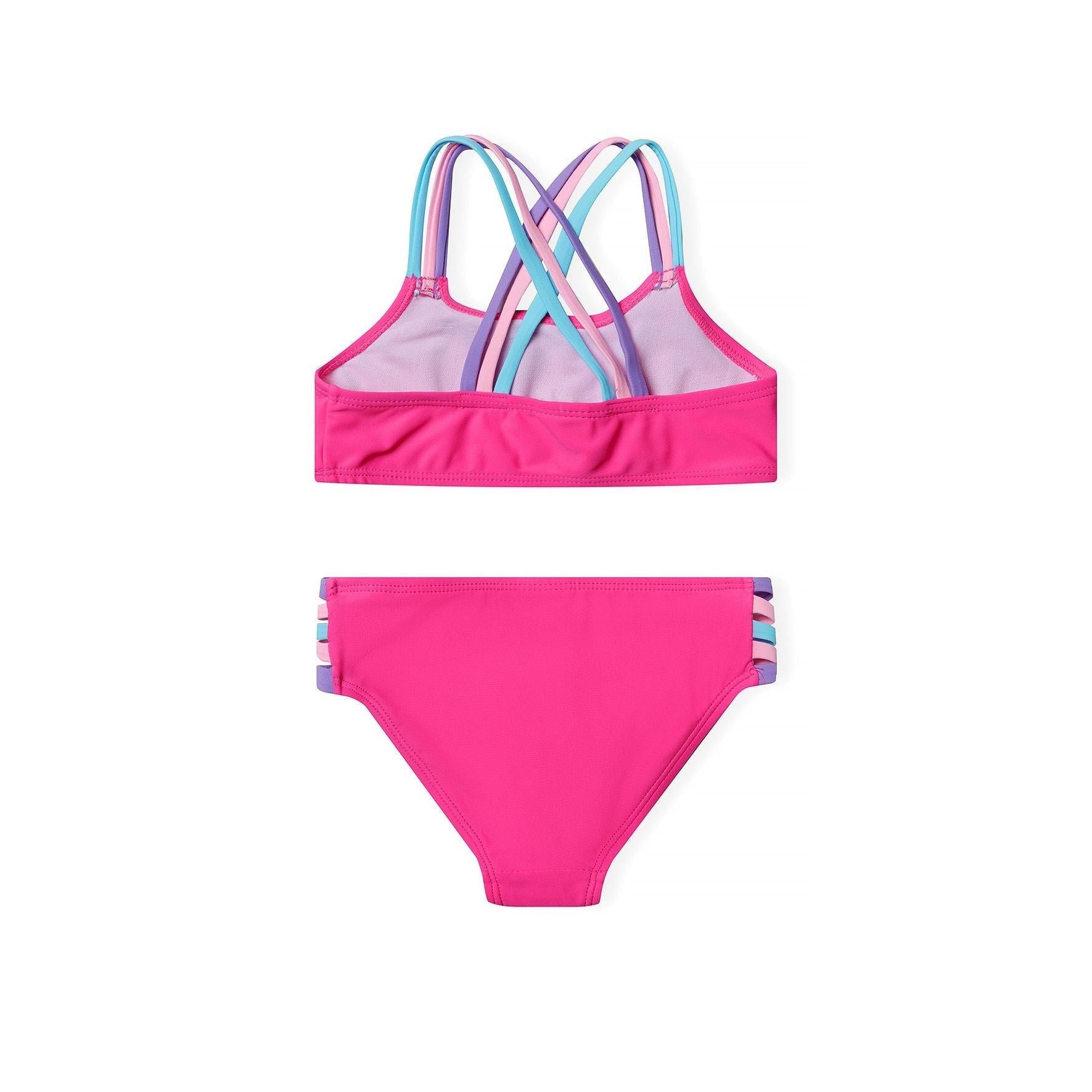 Back view of pink bikini top showing criss-cross multi-coloured strap design on white background