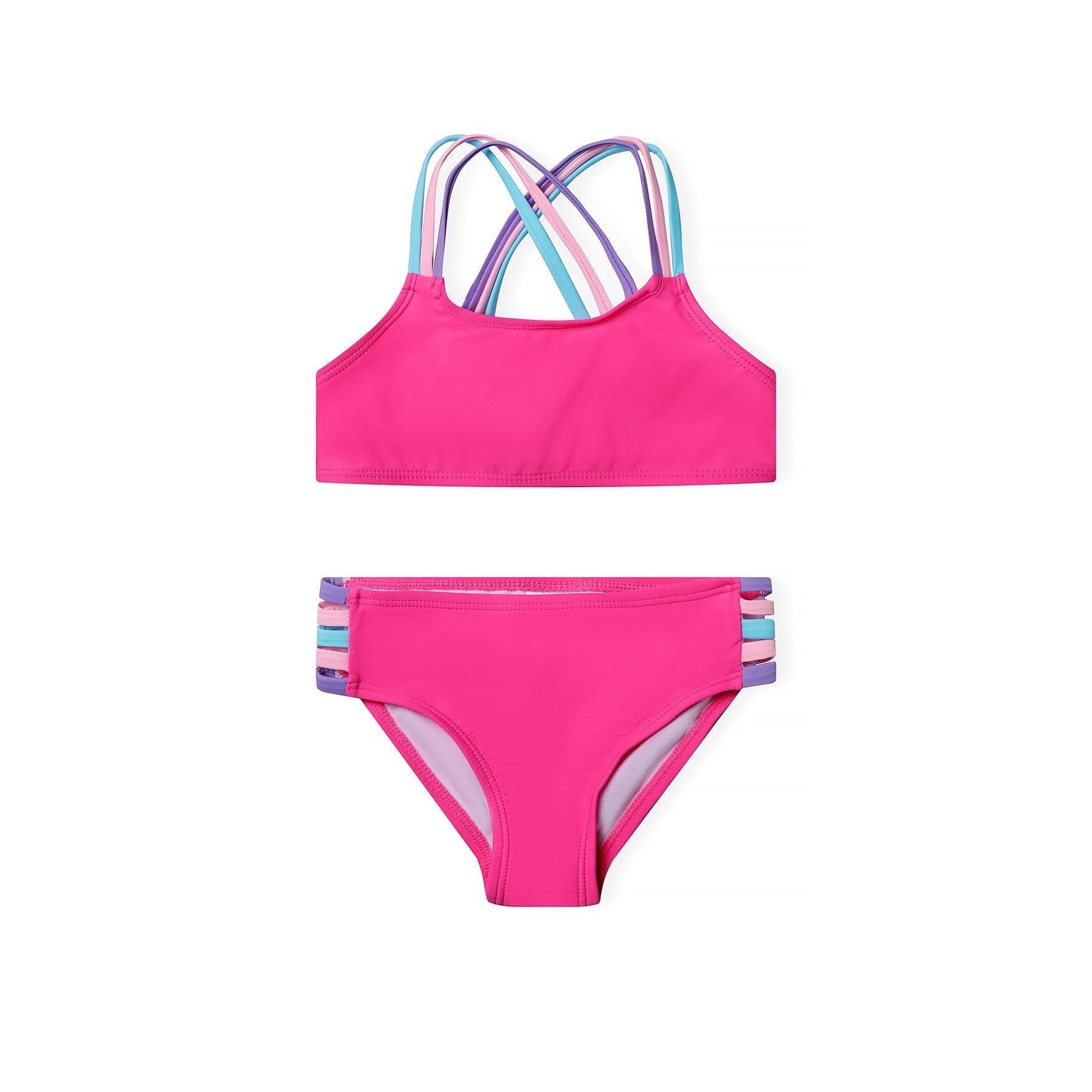 Pink bikini set with colourful multi-strap design laid flat on white background showing both top and bottom pieces