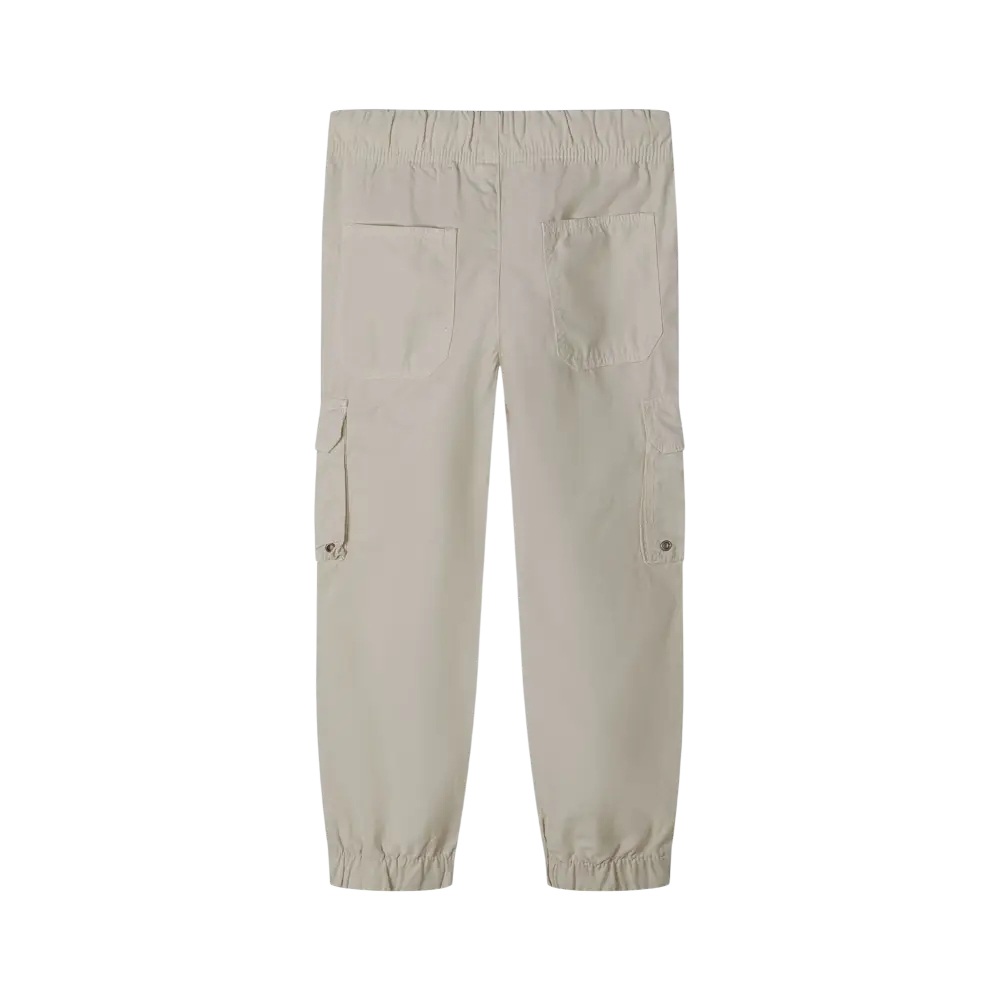 Back view of grey cargo trousers showing elasticated waist, cargo pockets on sides, and cuffed ankles laid flat on black background