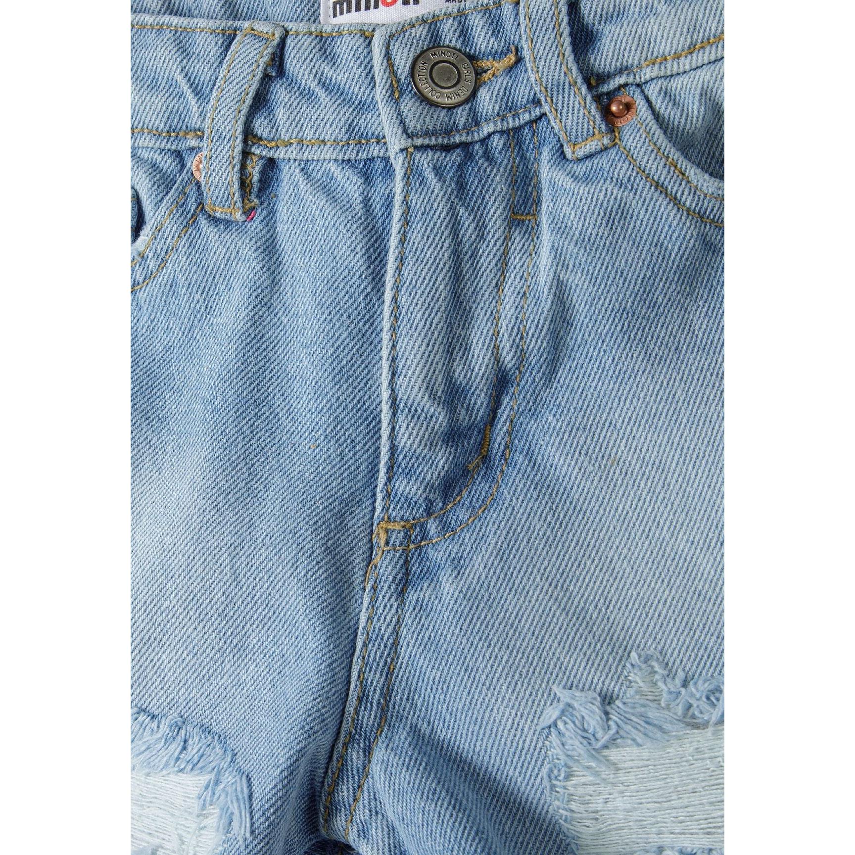 Close-up detail of light blue denim fabric showing button fastening, frayed hem and distressed areas with visible stitching