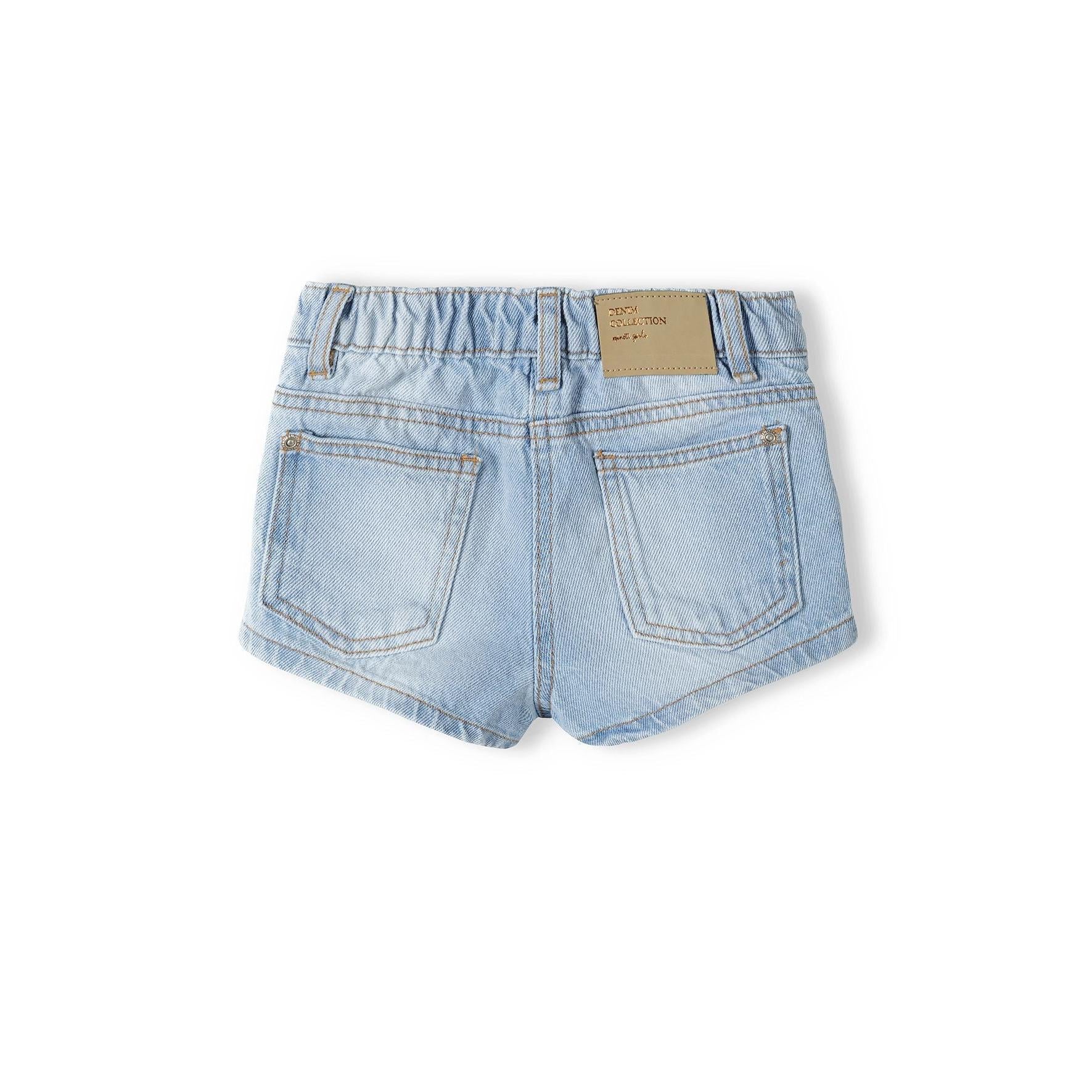 Back view of light blue denim shorts showing two rear pockets with brand label patch on waistband against white background