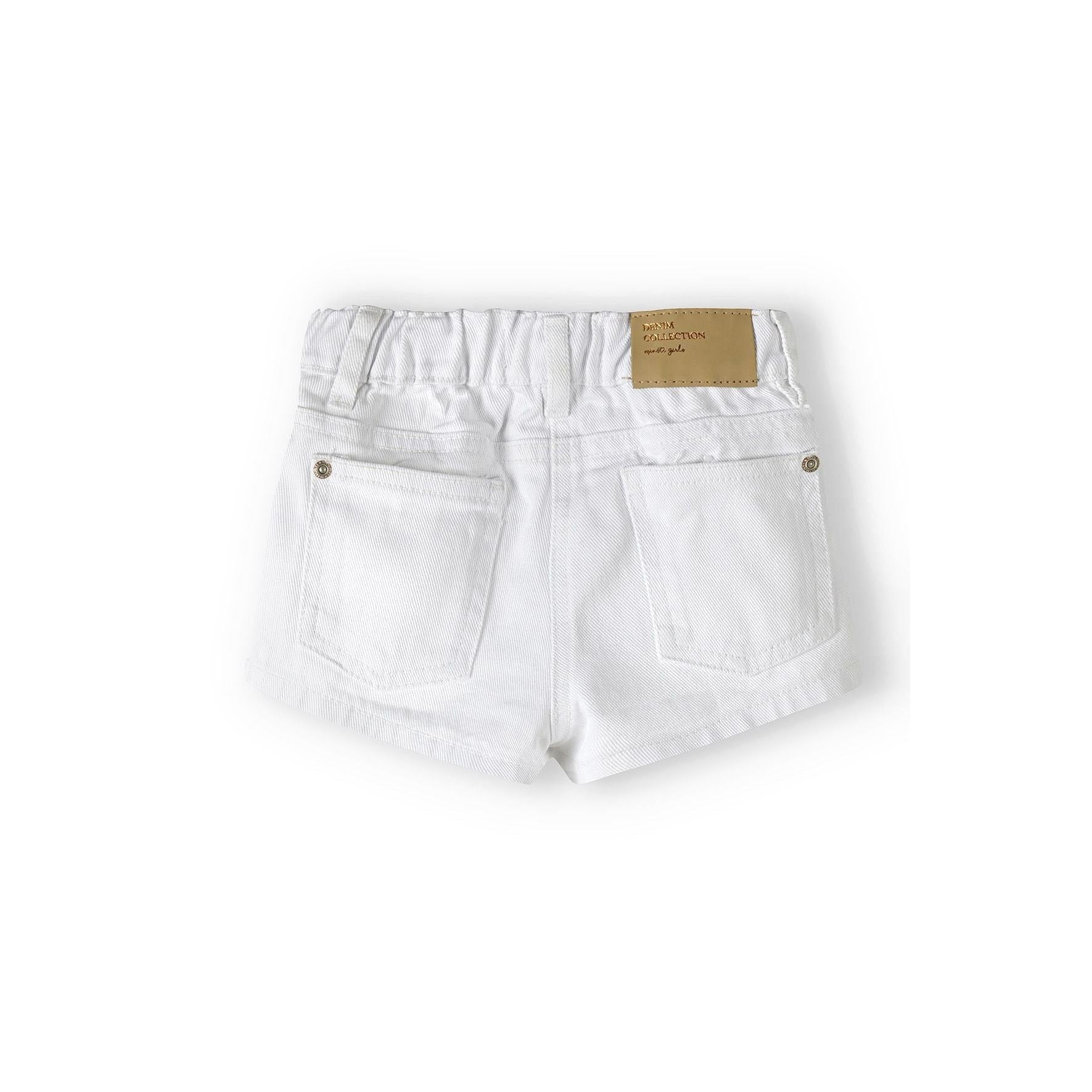Back view of white denim shorts displaying rear pockets with button details and brown leather patch on white background