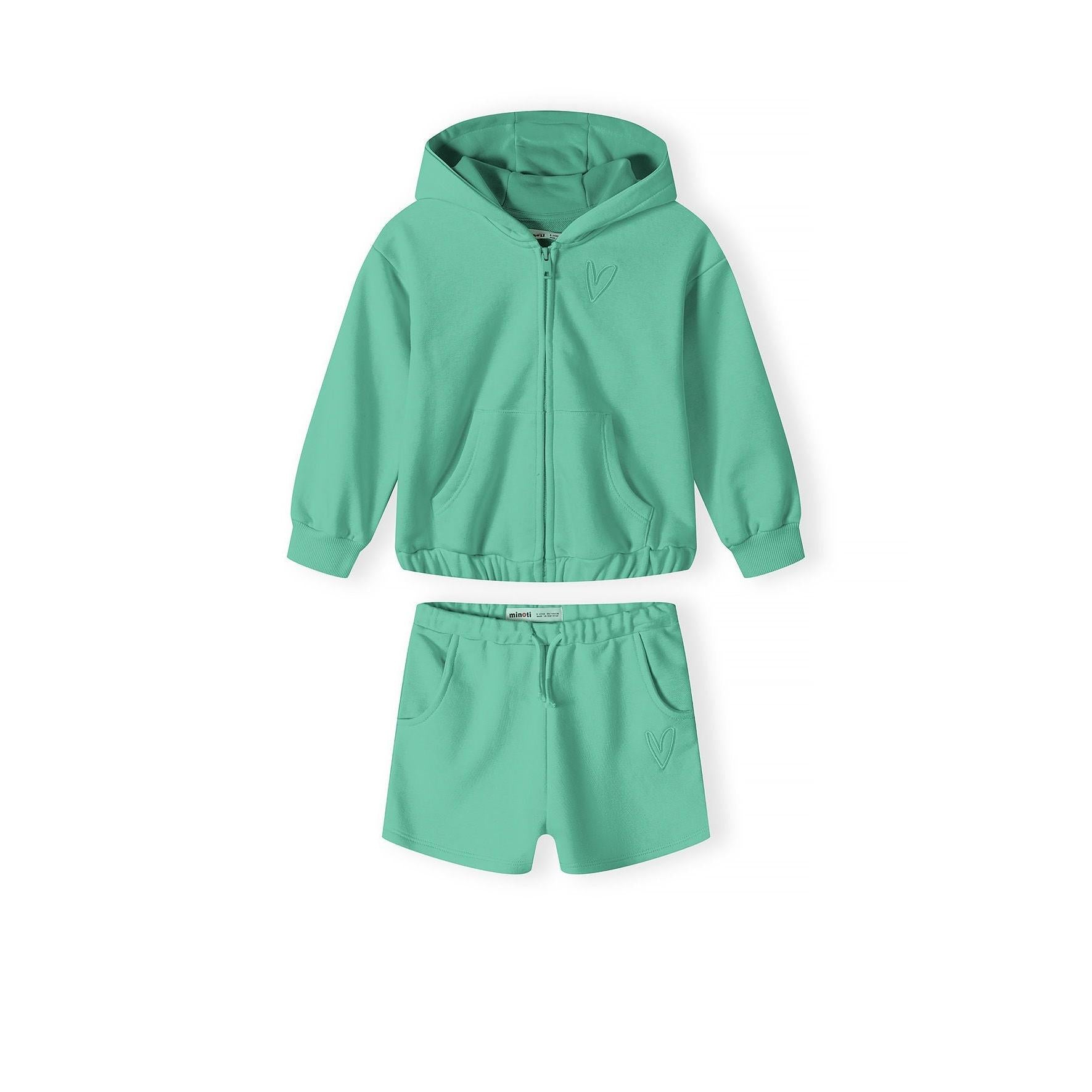 Back view of dark green fleece hooded zip-up sweatshirt showing hood construction and ribbed cuffs on white background