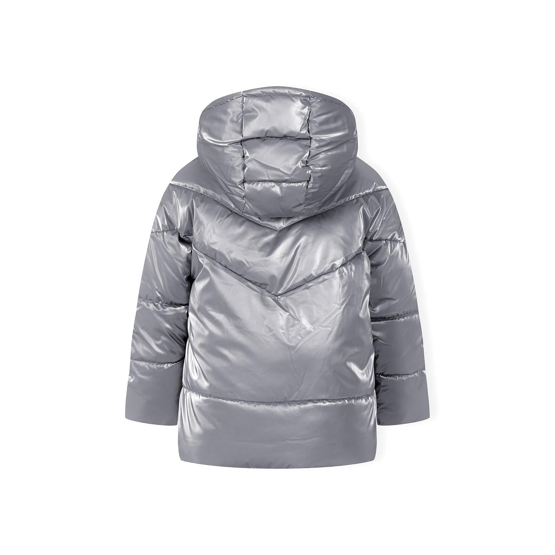 Grey metallic padded jacket with fur-lined hood displayed flat against white background, showing front zip and quilted design