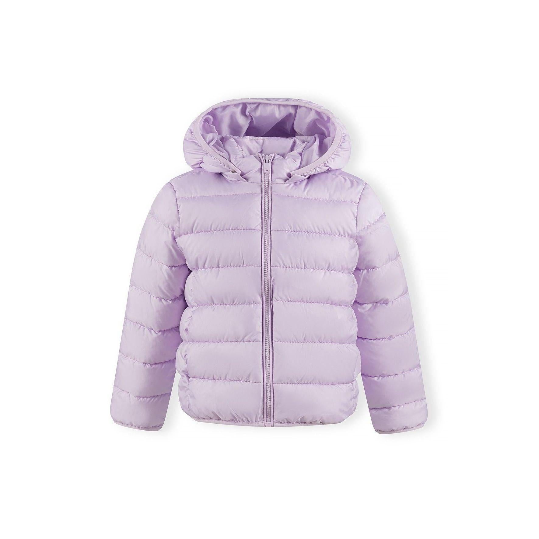 Detail view of lilac quilted jacket zip area and quilted padding pattern with hood visible
