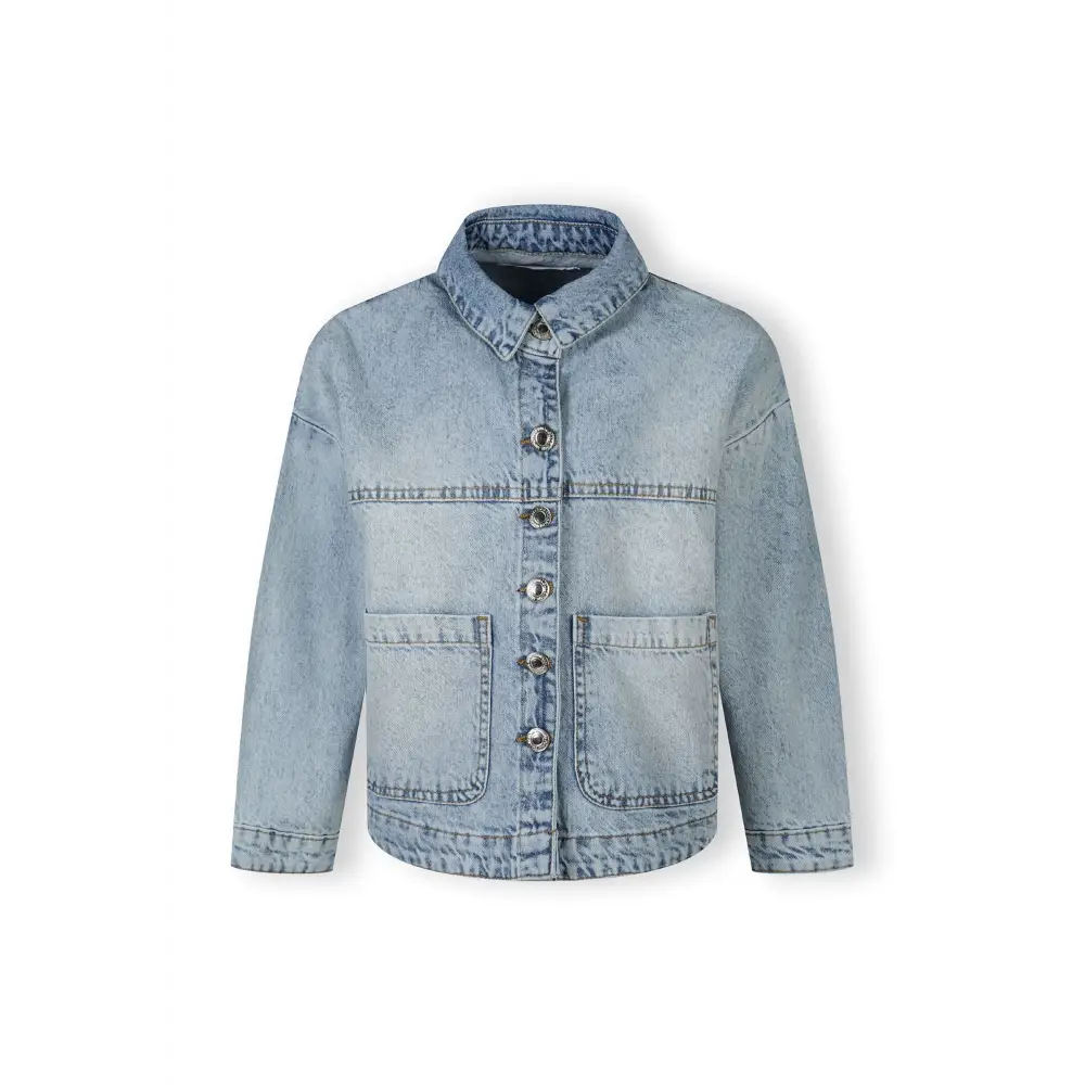 Back view of light blue acid wash denim jacket laid flat showing oversized fit, collar detail and contrast stitching against white background