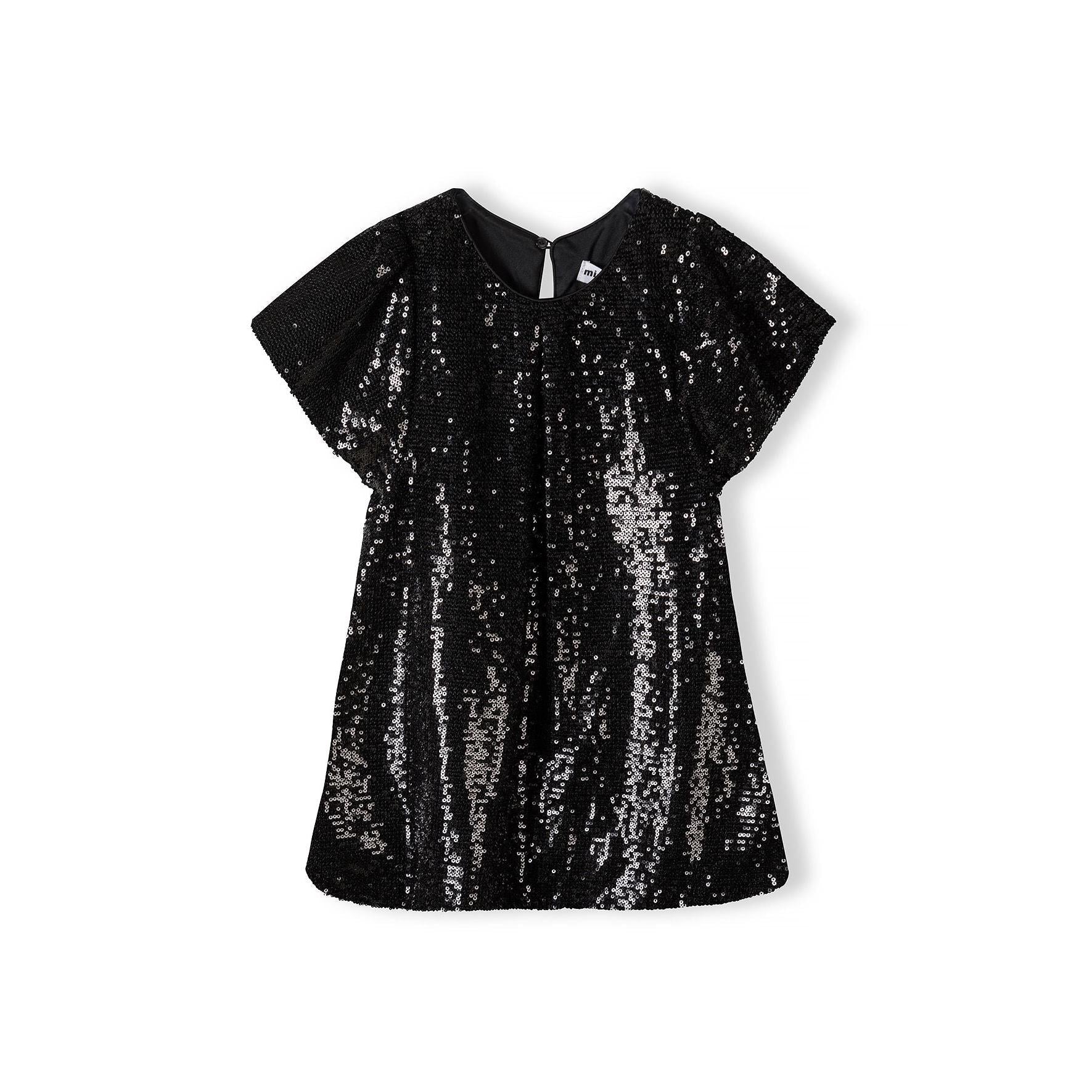 Back view of black sequin dress showing flutter sleeves, round neckline and sparkly sequin fabric texture against white background