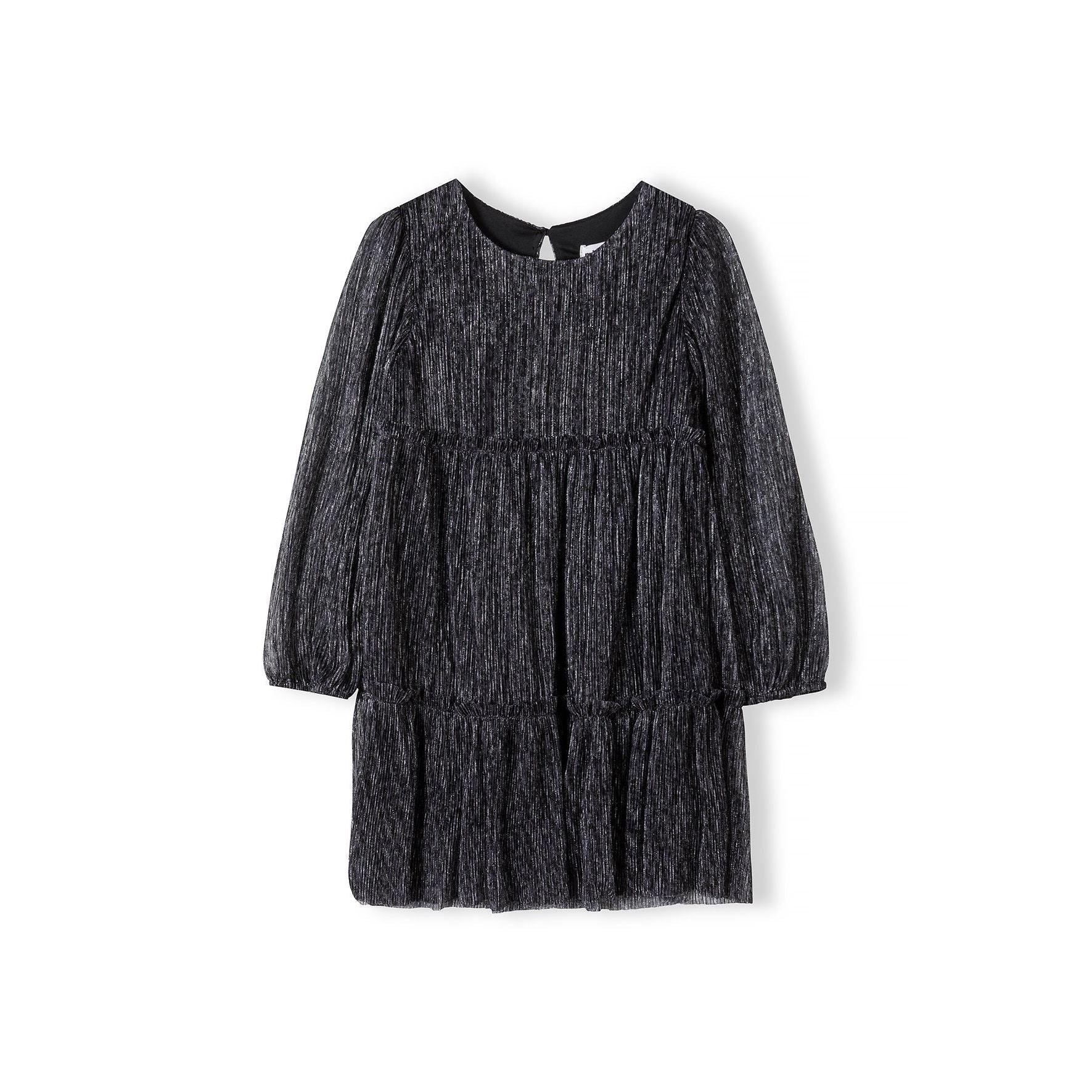 Black sparkle party dress laid flat showing full design with tiered skirt, balloon sleeves, and keyhole neckline on white background