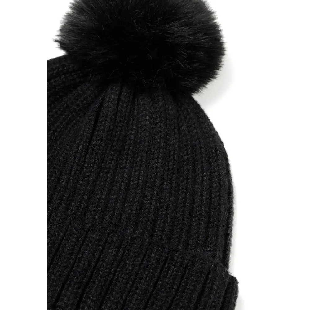 Black knitted snood laid flat showing full rectangular shape with ribbed texture pattern on white background