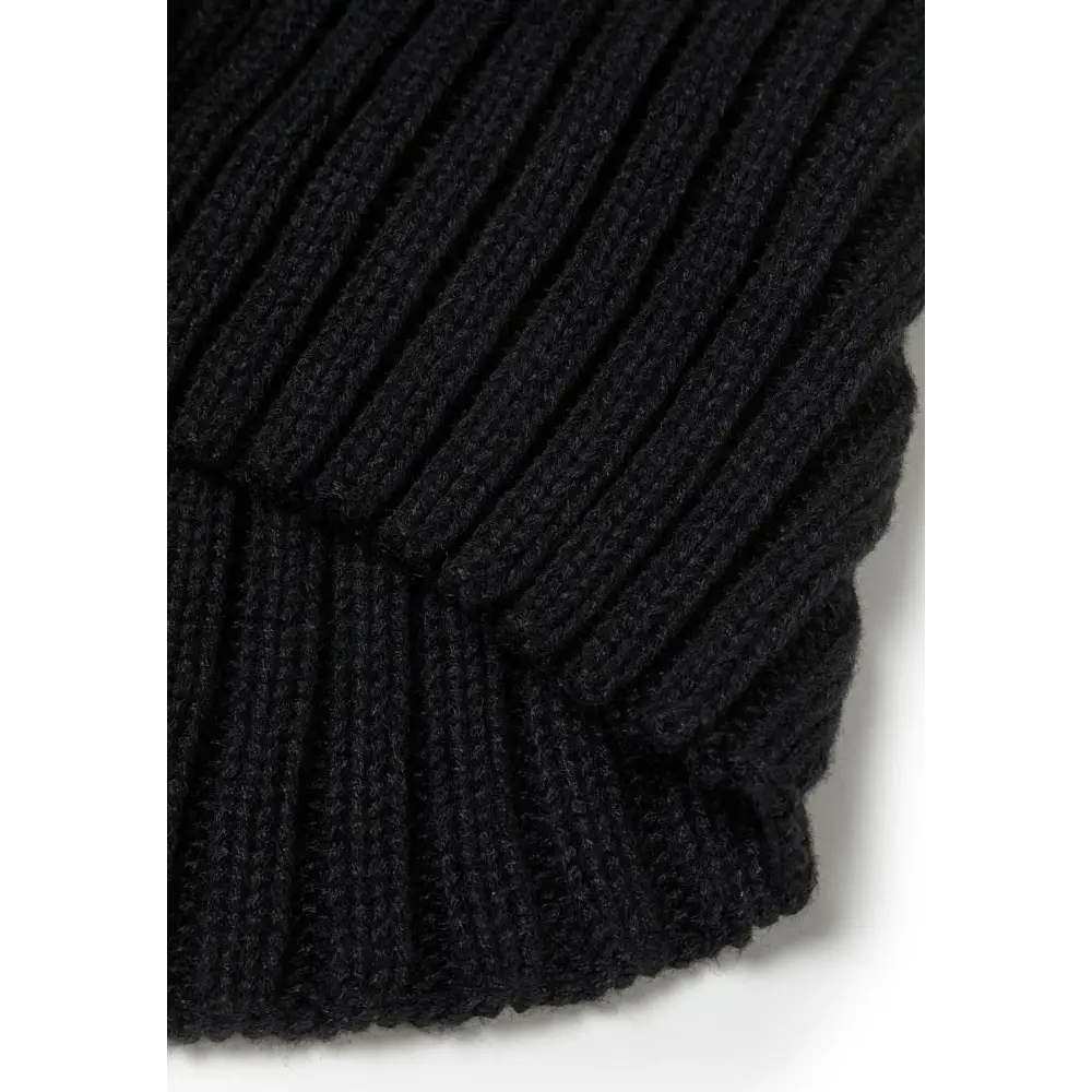 Close-up detail of black ribbed knit fabric texture showing the ribbed pattern and soft material construction