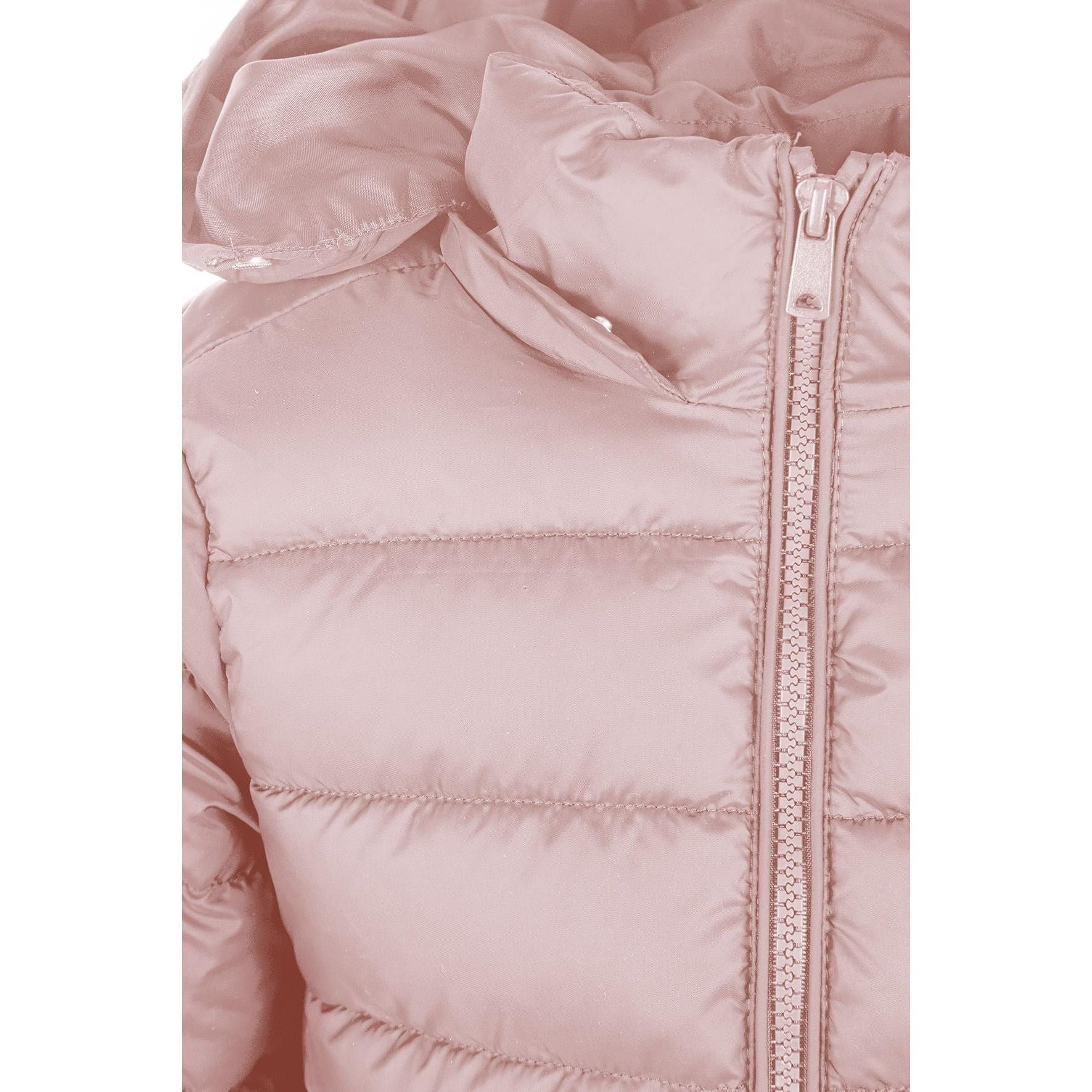 Detail view of pink quilted jacket fabric showing quilted texture, zip fastening and hood attachment