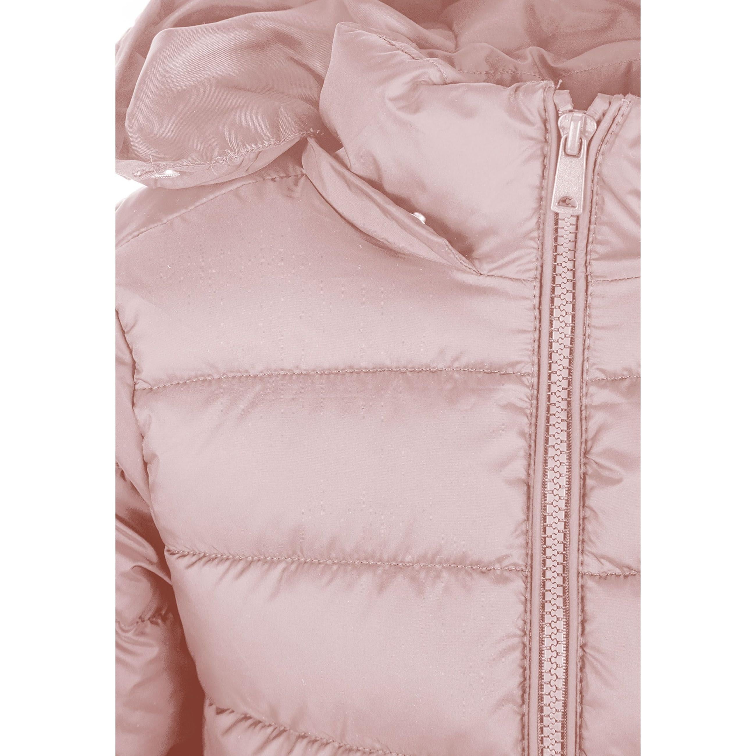 Close-up detail of pink quilted jacket showing horizontal quilted panels, zip closure and hood construction