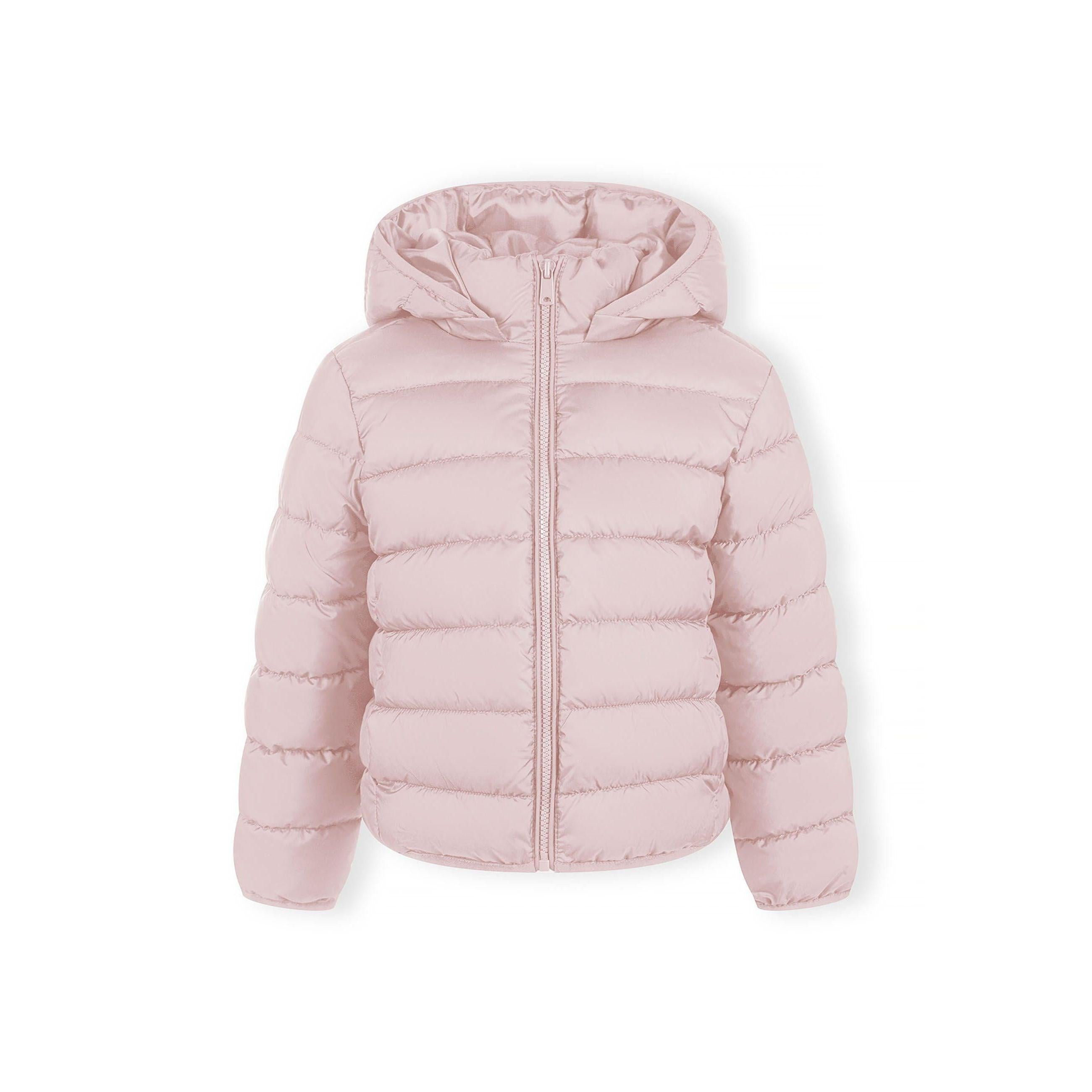 Close-up detail of pink quilted jacket showing horizontal quilted panels, zip closure and hood construction