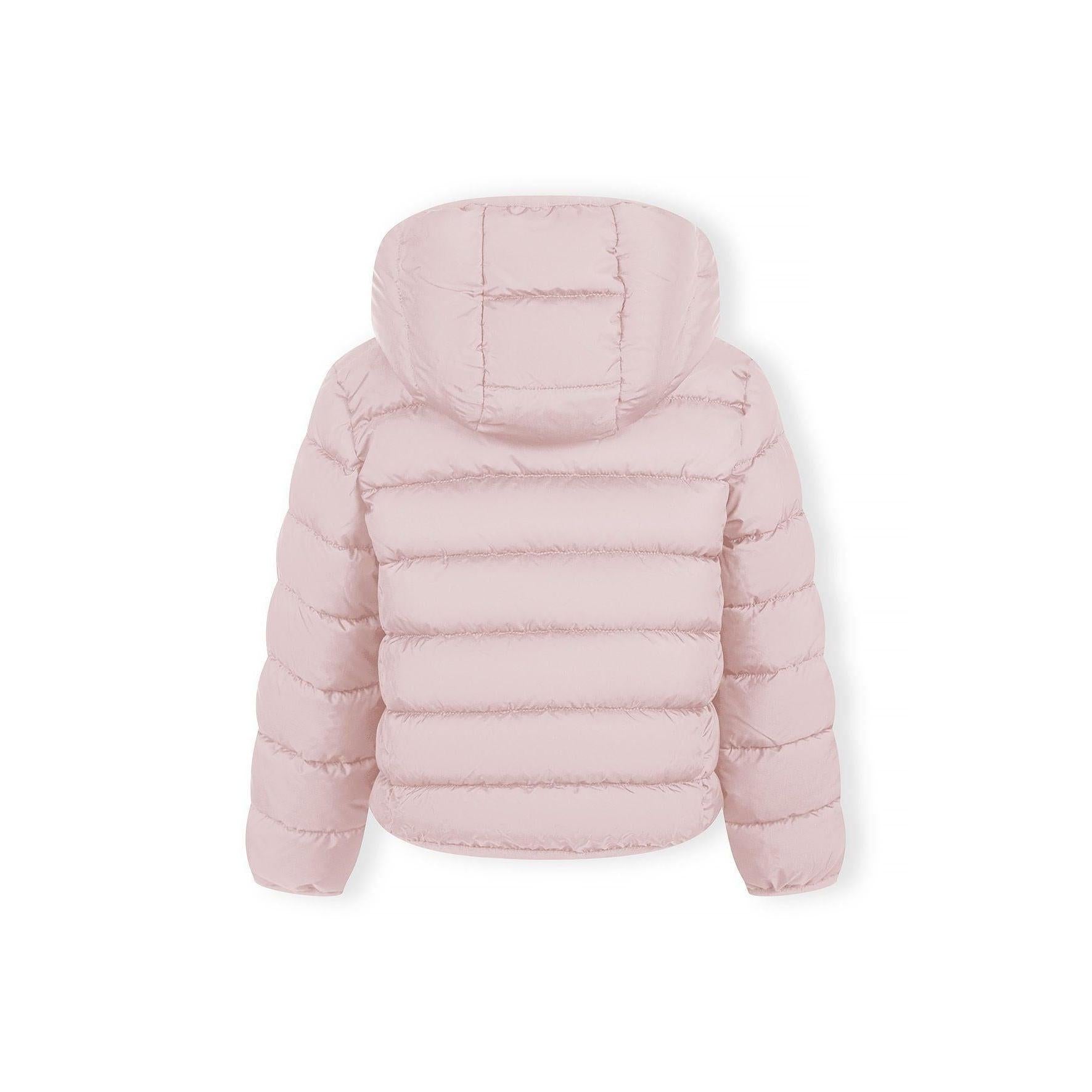 Detail view of pink quilted jacket fabric showing quilted texture, zip fastening and hood attachment