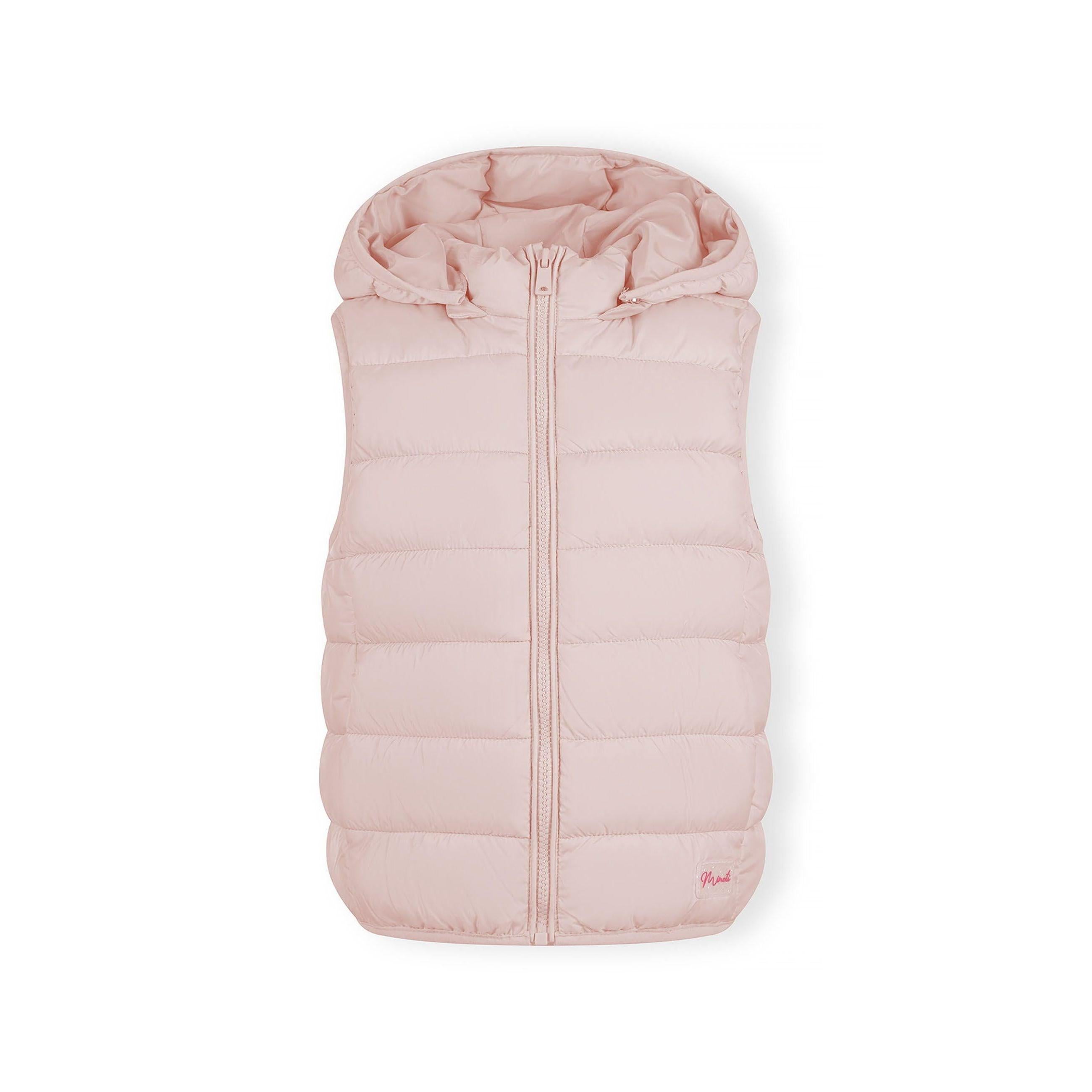Pink quilted gilet laid flat showing detachable hood with zip closure and Minoti brand label visible inside