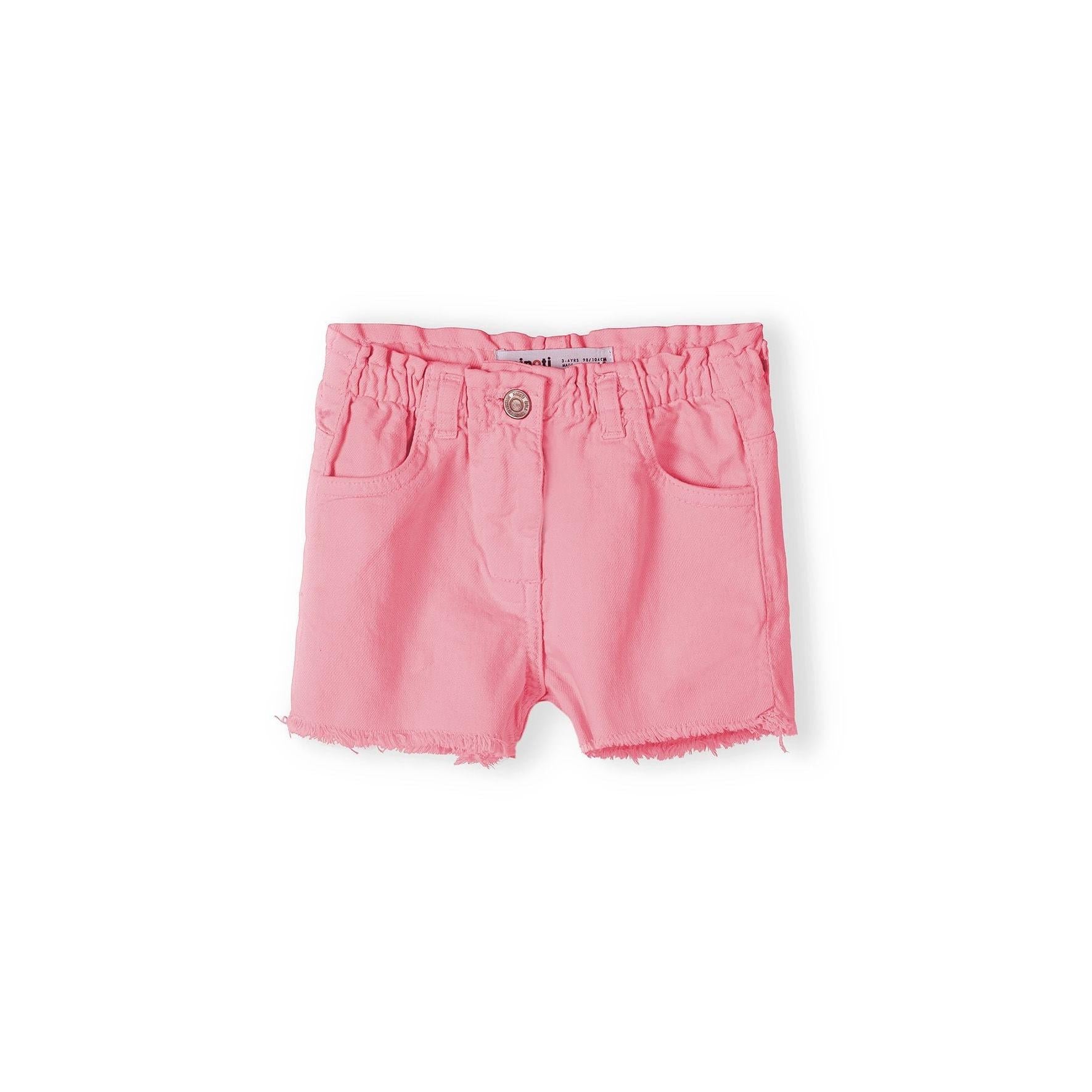 Front view of coral pink twill shorts with paperbag waist and button closure on white background