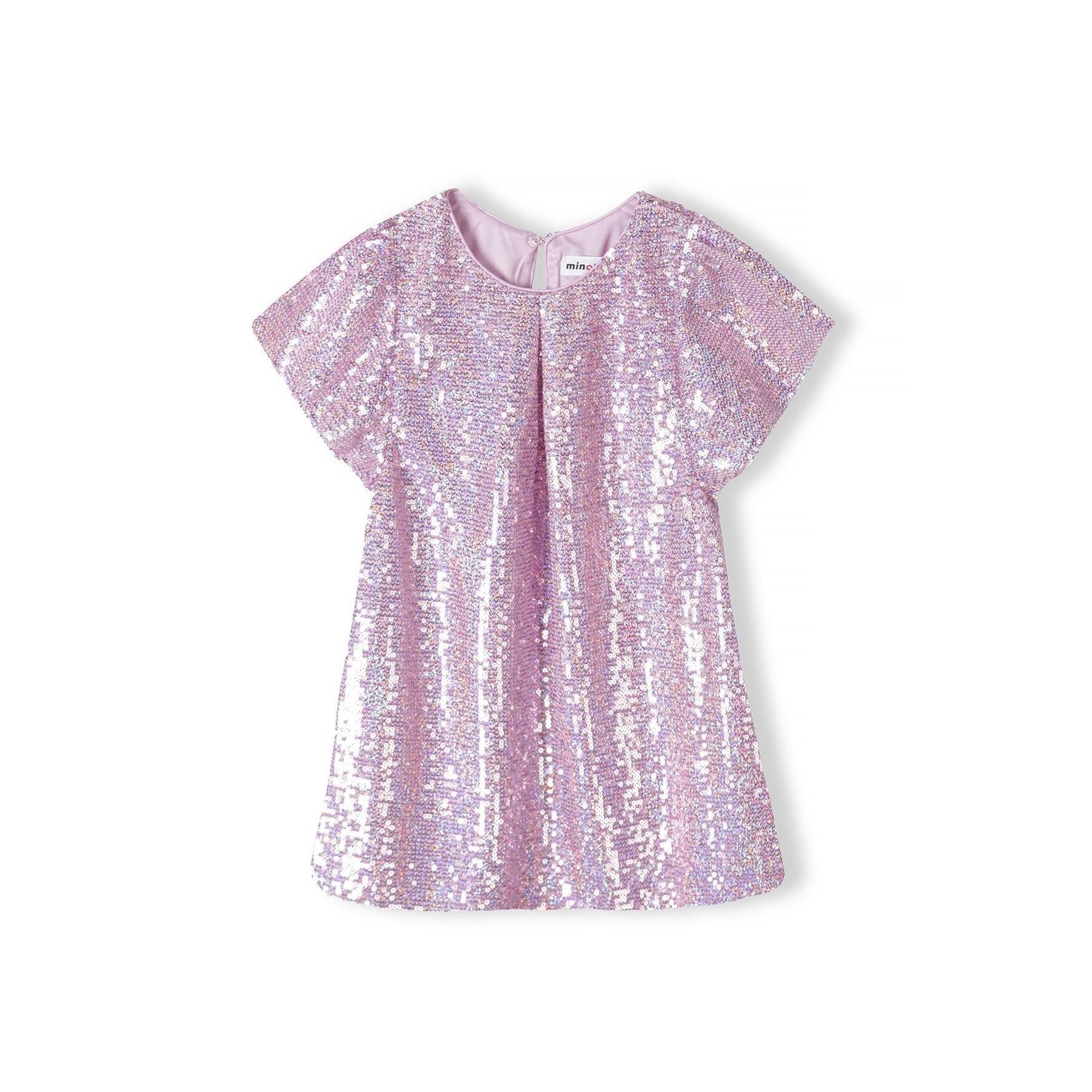 Back view of pink sequin dress showing short sleeves, round neckline and full sequin coverage on white background