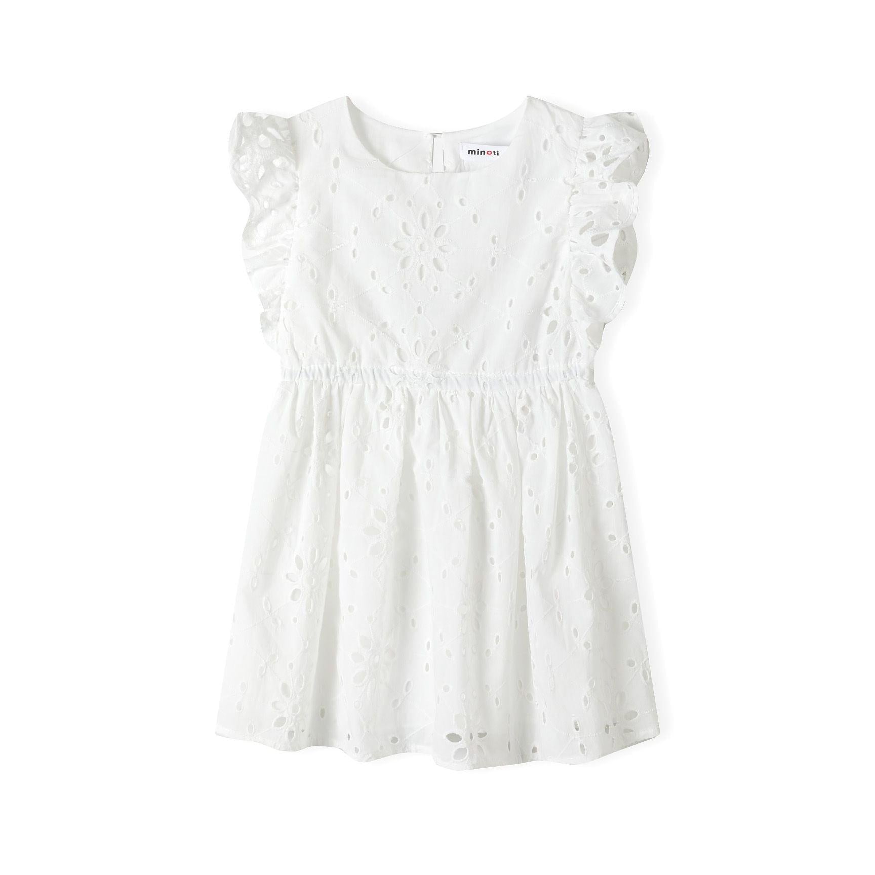 White summer dress with broderie anglaise embroidery and frill sleeves displayed flat against white background