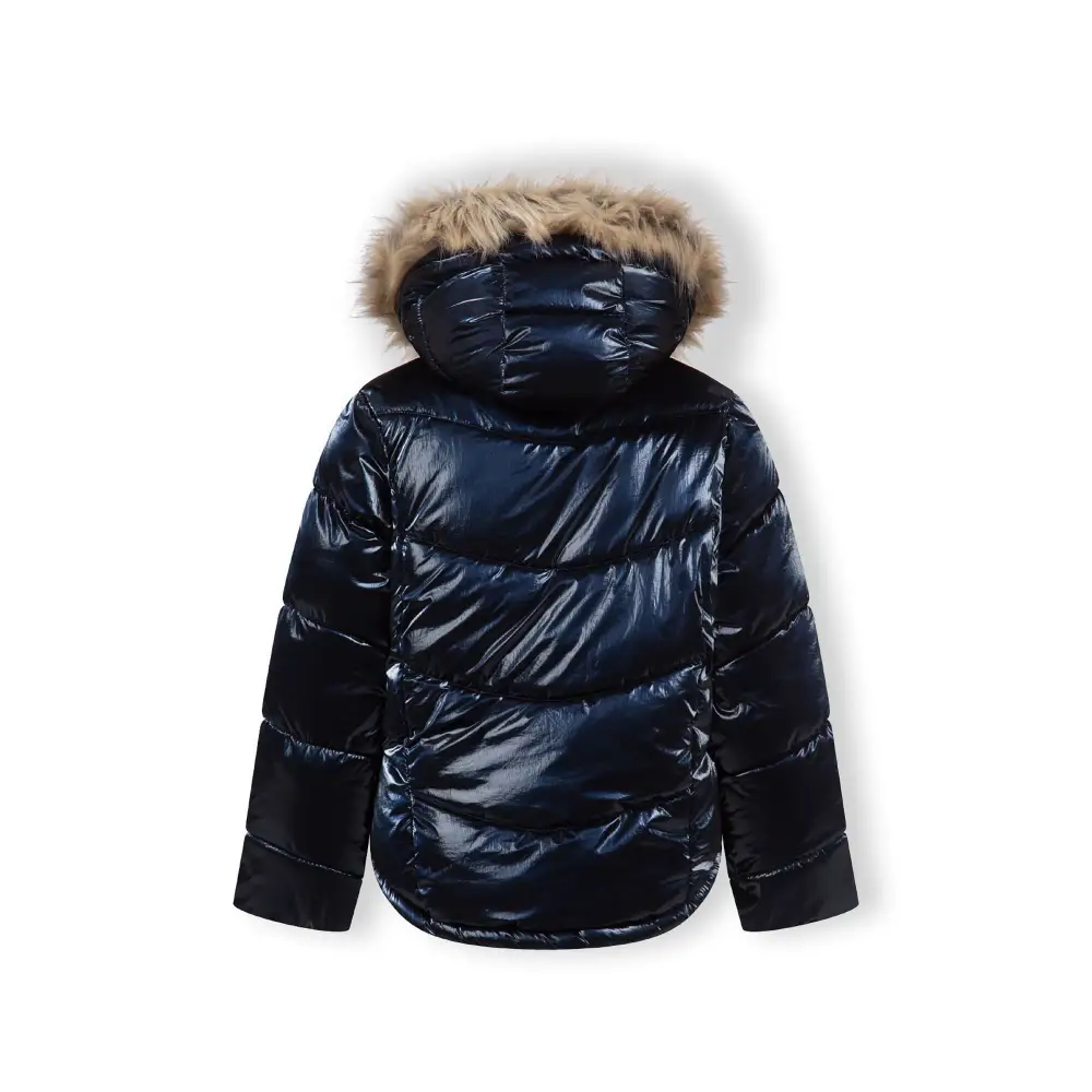 Navy metallic quilted winter jacket laid flat showing front zip closure, hood with detachable faux fur trim, and ribbed cuffs against white background