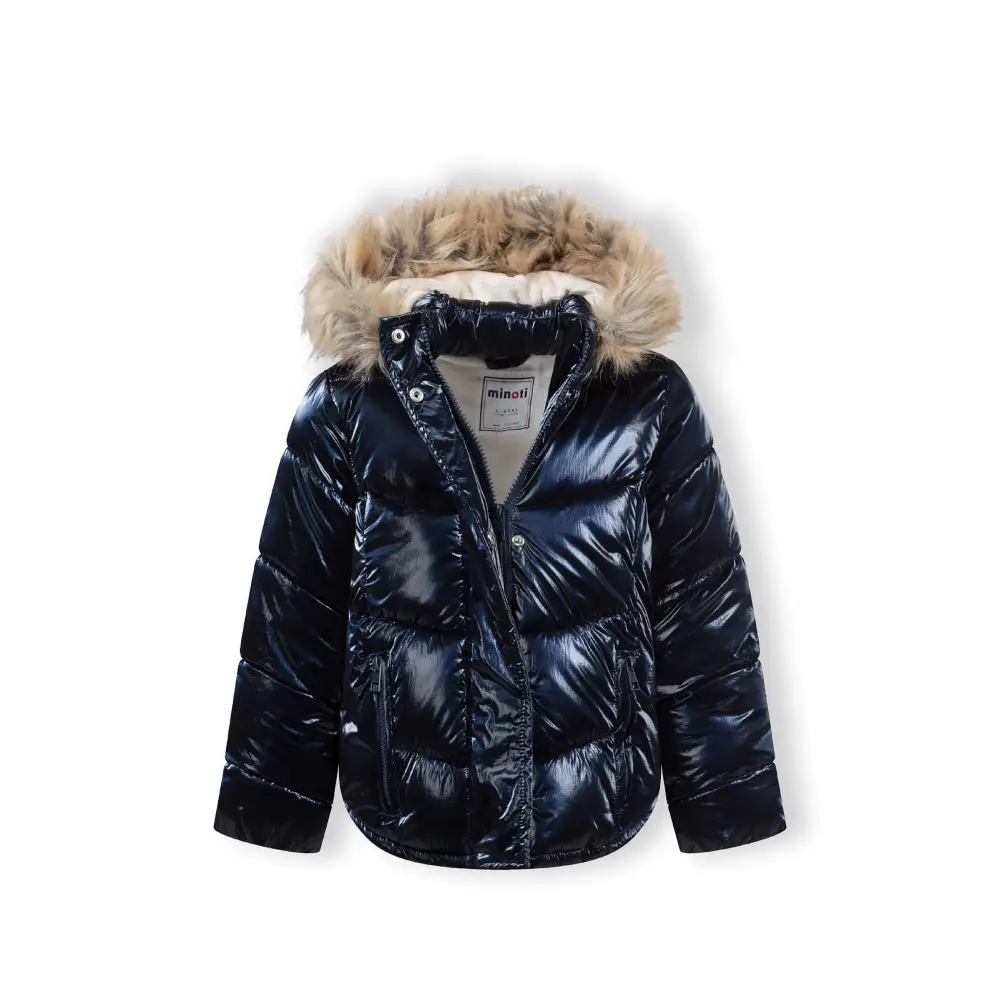 Navy metallic quilted winter jacket laid flat showing front zip closure, hood with detachable faux fur trim, and ribbed cuffs against white background