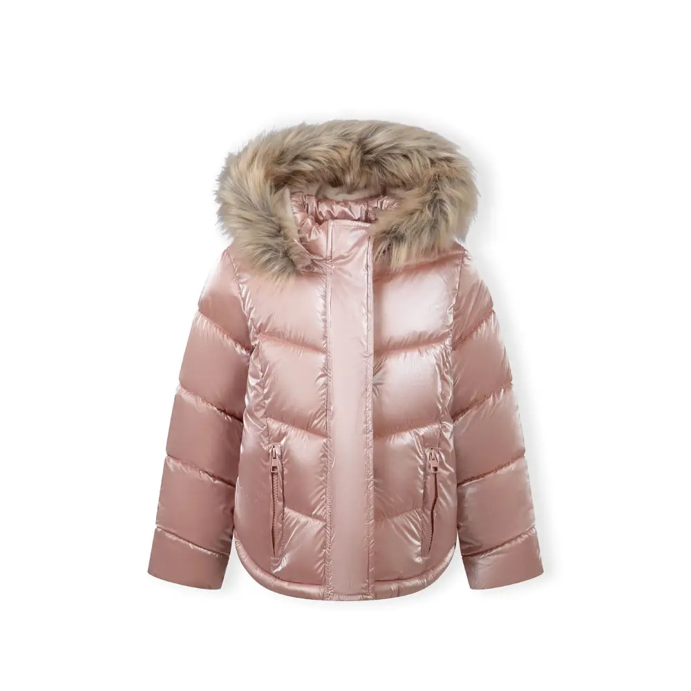 Metallic pink quilted winter jacket laid flat showing Minoti label, faux fur hood trim and full front view