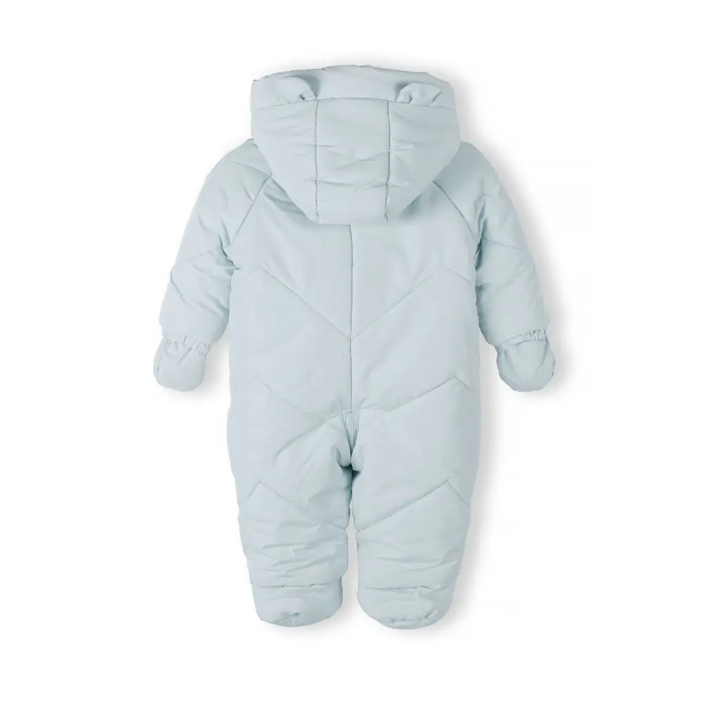 Light blue padded baby snowsuit with hood and 3D ears displayed flat against white background showing full front view